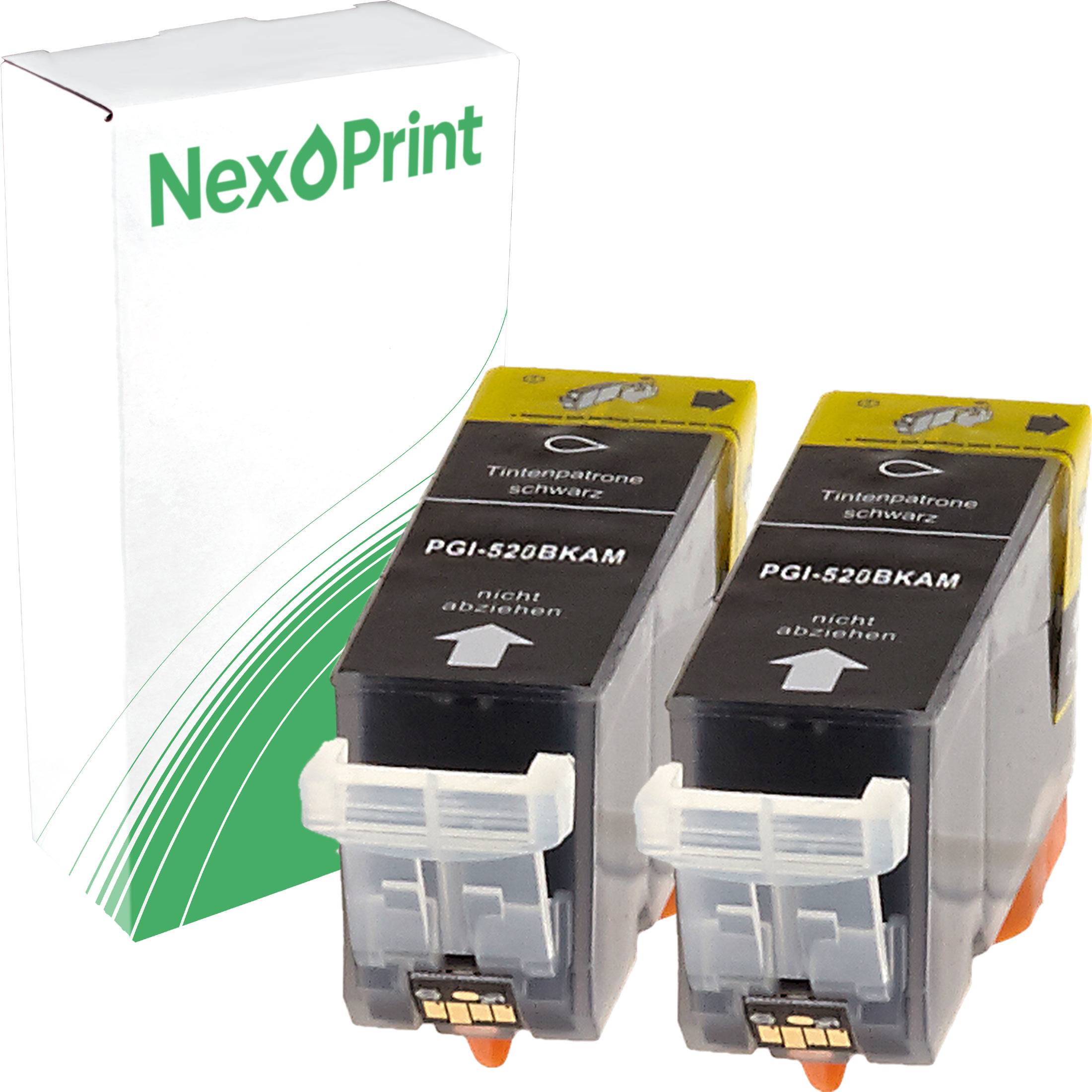 NexPrint Tintenpatronenverpackung mit zwei schwarzen Tintenpatronen, beschriftet mit 'PGI-520BKAM'.