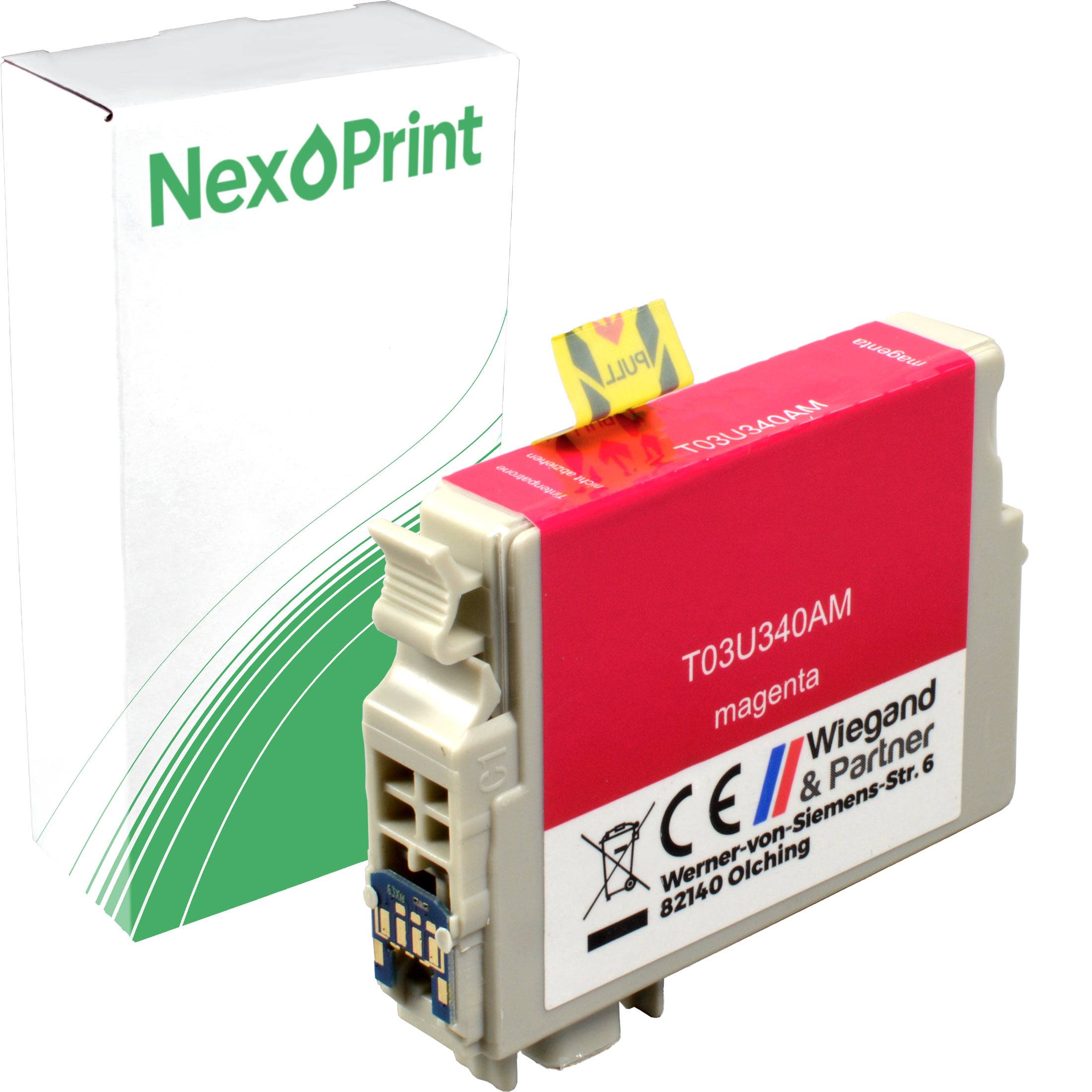Magenta-Druckerpatrone mit der Kennzeichnung 'T03U340AM' von Wiegand & Partner, mit NexPrint-Verpackung im Hintergrund.
