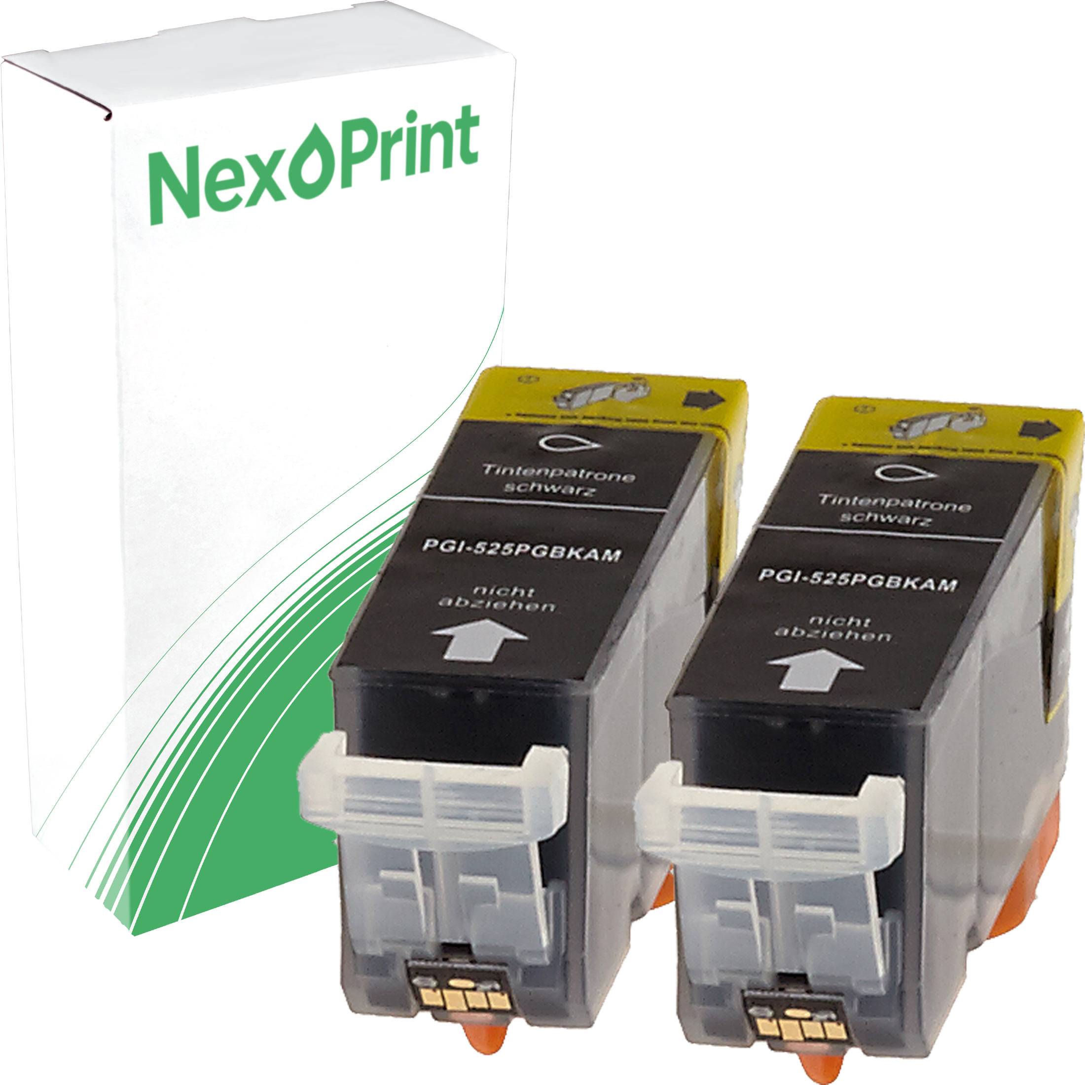 Zwei NexPrint-Tintenpatronen in Originalverpackung, gekennzeichnet mit PGI-525PGBKAM, entwickelt für den Einsatz in kompatiblen Druckern.