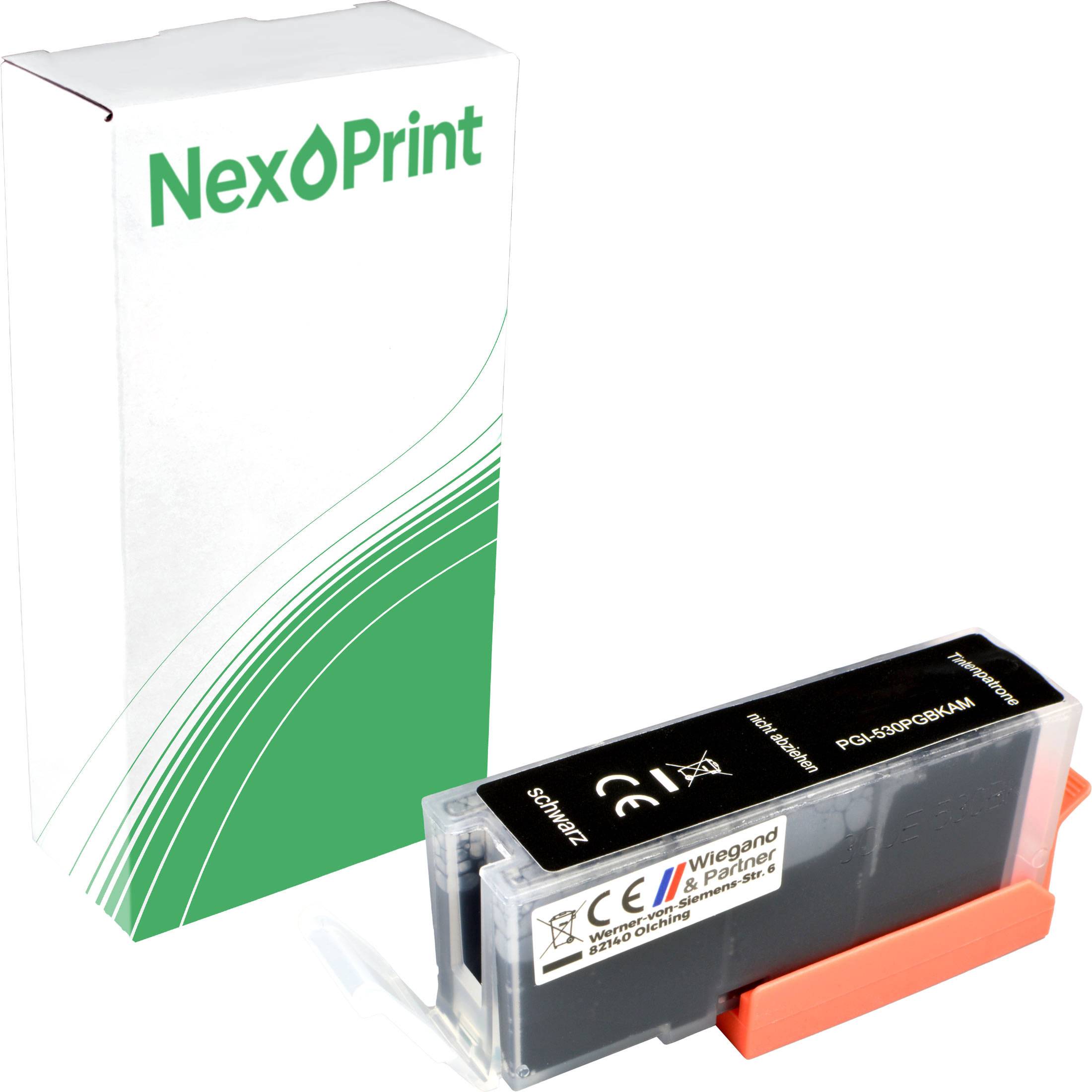 Schachtel und Tintenpatrone der Marke NexPrint mit Symbolen und Modellnummer, zeigt Verpackungsdesign und Patronentyp.