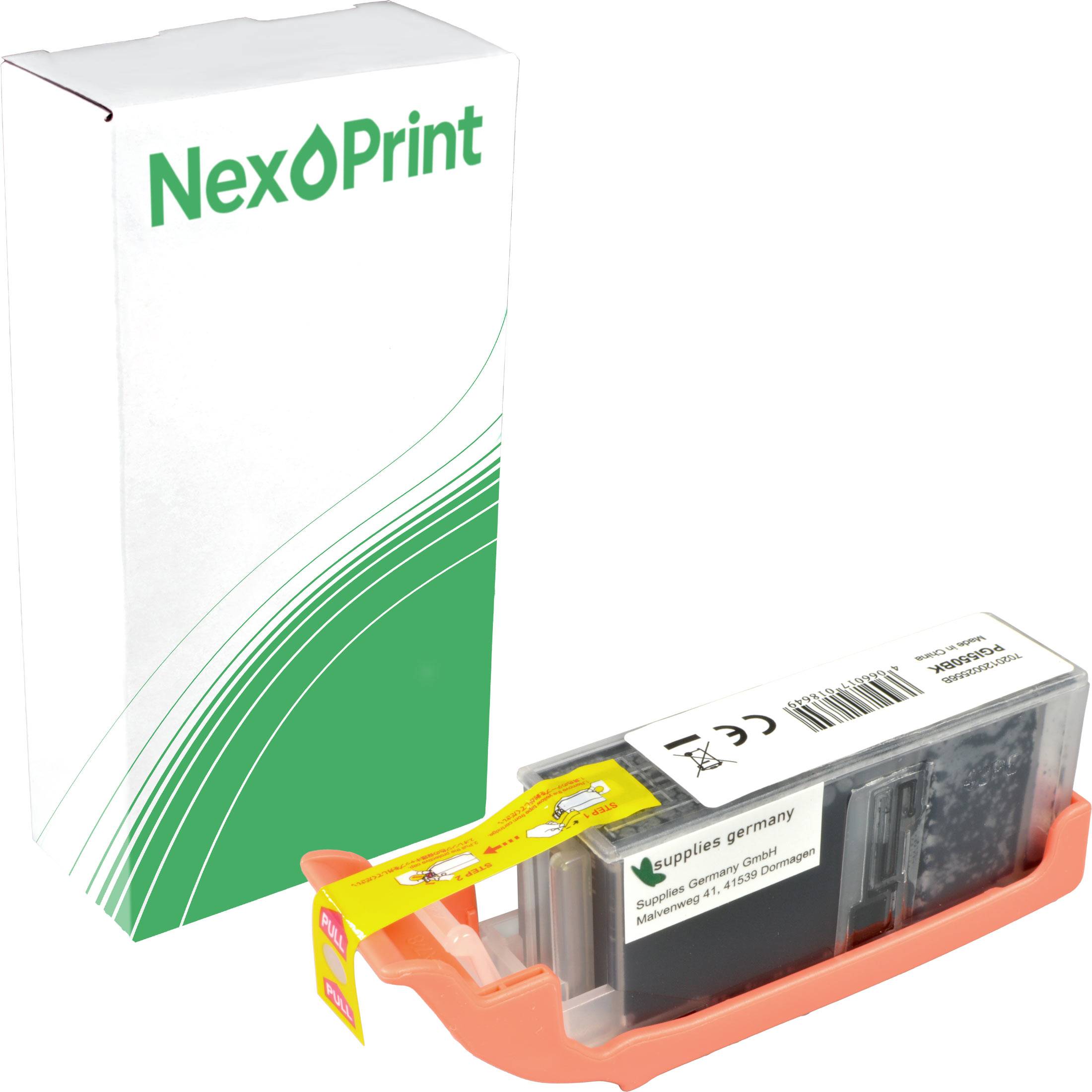 Schachtel mit der Aufschrift 'NexPrint' neben einer schwarzen Tintenpatrone für Tintenstrahldrucker, positioniert in einem orangefarbenen Schutzhalter.