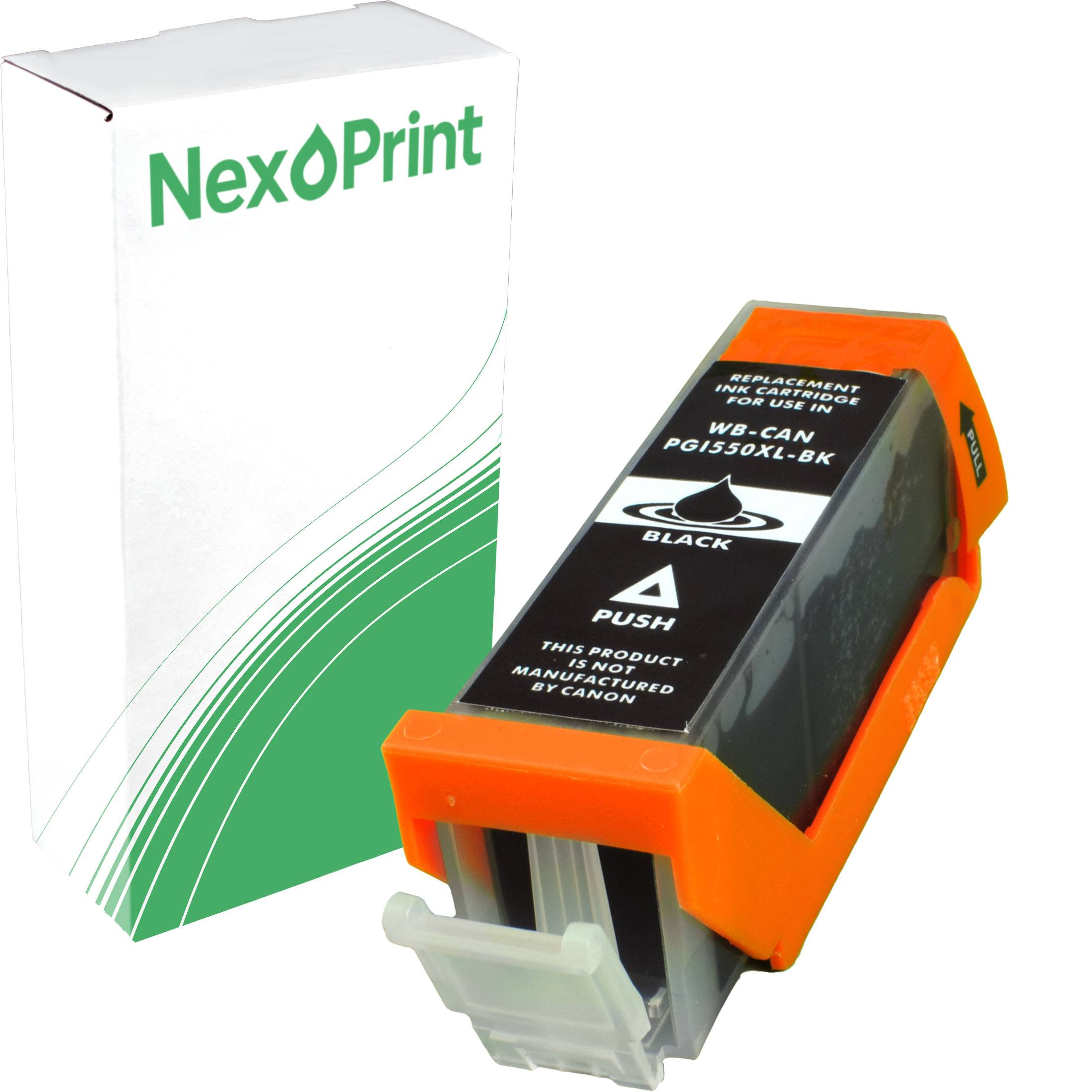 NexoPrint' Schwarzpatrone, Ersatz für PGI-550XLBK, präsentiert vor seiner Originalverpackungsbox mit grünem Wellendesign.