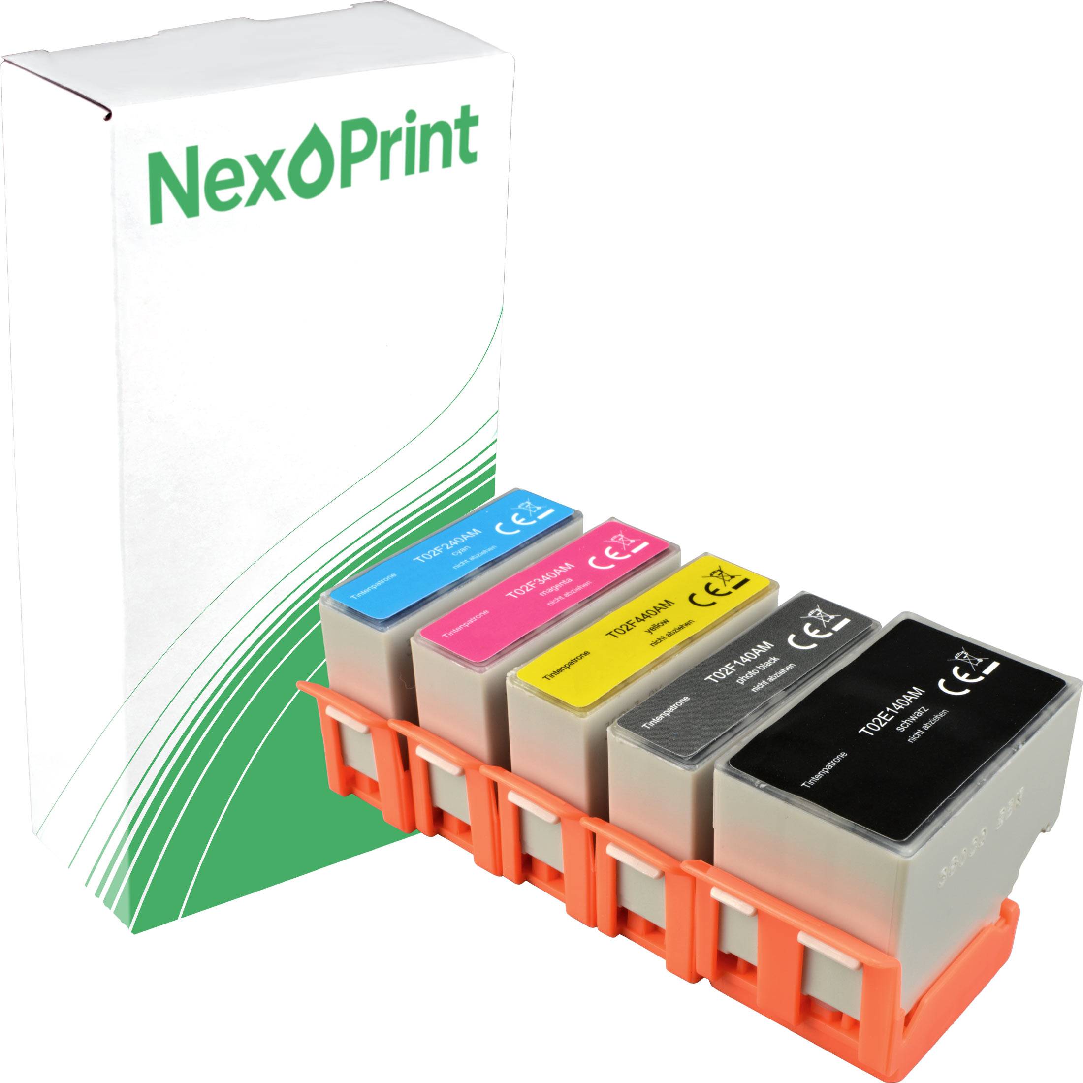 Ein 'NexPrint' Tintenpatronen-Set mit Cyan-, Magenta-, Gelb- und Schwarzpatronen vor einer weiß-grünen Verpackung.