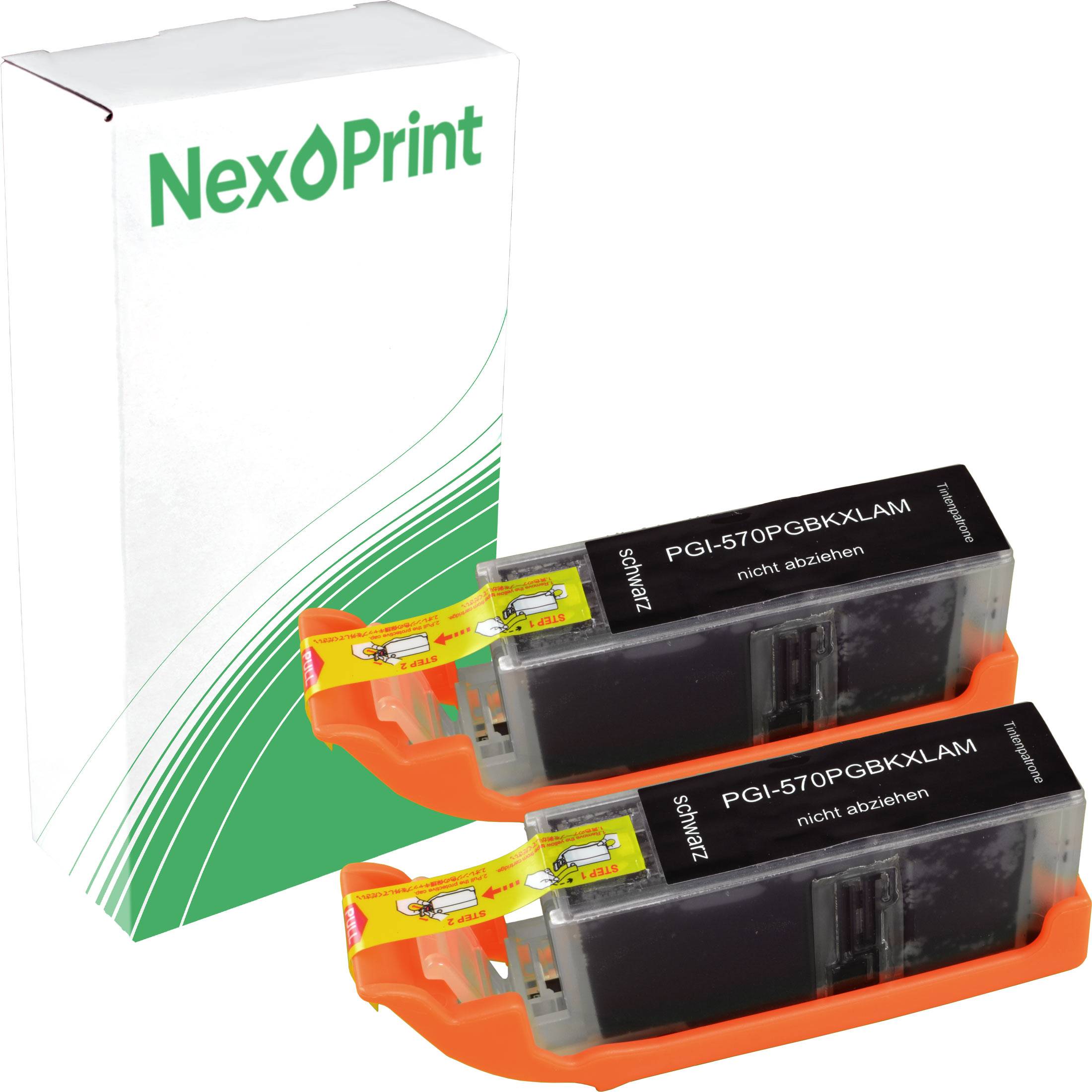 NexPrint PGI-570PGBK Schwarztintenpatronen, Zweierpack. Enthält Schachtel mit grün-weißem Design. Als 'nicht abziehen' gekennzeichnet.