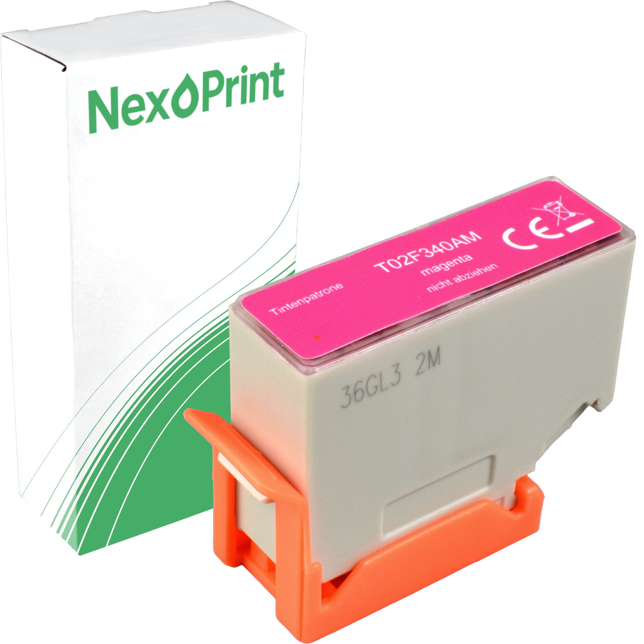 NexPrint'-Marke Tintenpatrone in Magenta, beschriftet mit 'T02F-340AM'.