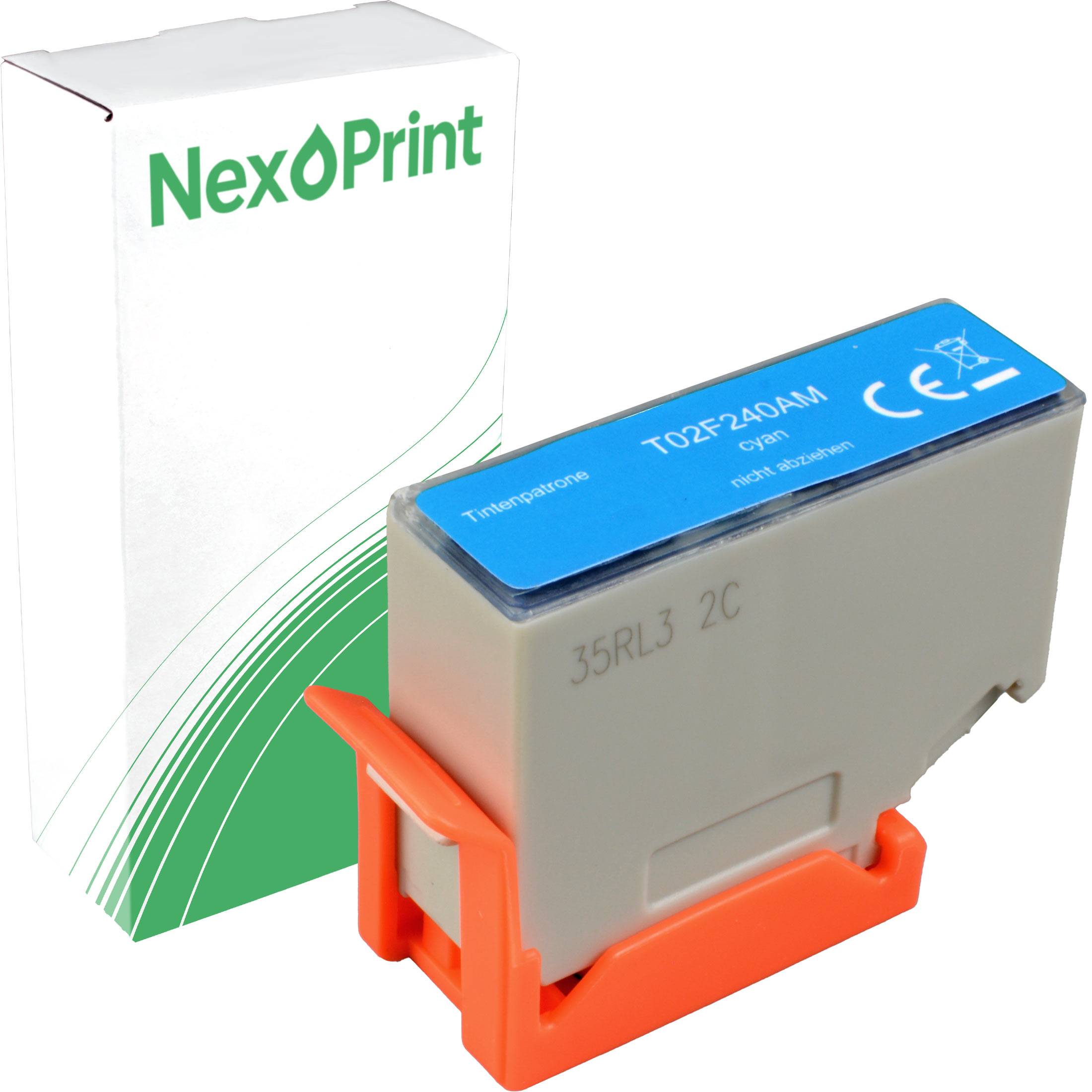 Eine türkisfarbene Druckerpatronen-Tintenkartusche mit der Bezeichnung ‚T02F140A', kompatibel mit NexPrint, wird mit ihrer Verpackung gezeigt.