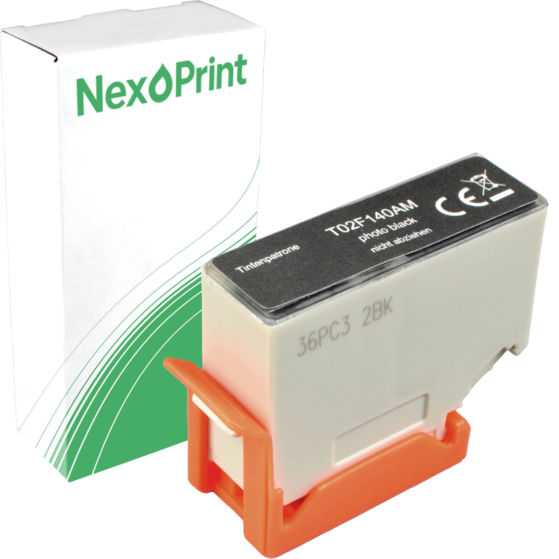 NexPrint' Tintenpatrone mit Verpackung, gekennzeichnet mit 'T02F140AAM' und '36PC3 2BK', für Drucker. Die Verpackung hat ein grün-weißes Design.
