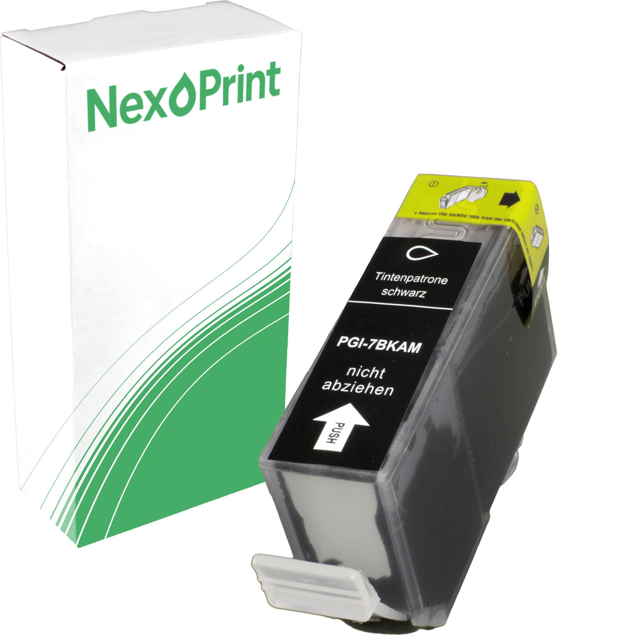 NexPrint' Tintenpatrone mit Verpackung und Patrone, beschriftet mit 'PGI-7BKAM', was auf schwarze Tinte hinweist.