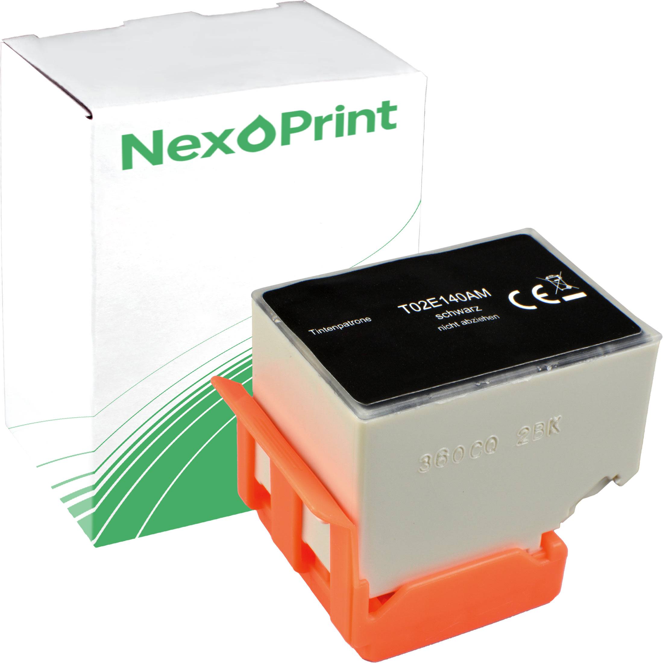 Eine Tintenpatrone mit der Bezeichnung 'T02E140AM' mit orangefarbener Gehäuse wird vor ihrer NexPrint-Markenverpackung gezeigt, was die Kompatibilität anzeigt.