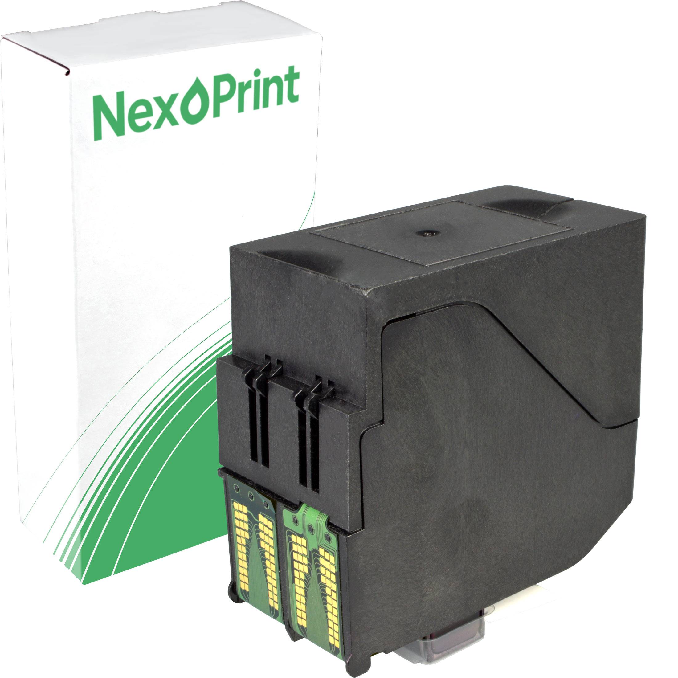 Schwarze Tintenpatrone in einer 'NexPrint' Verpackung mit grünem Wellendesign.