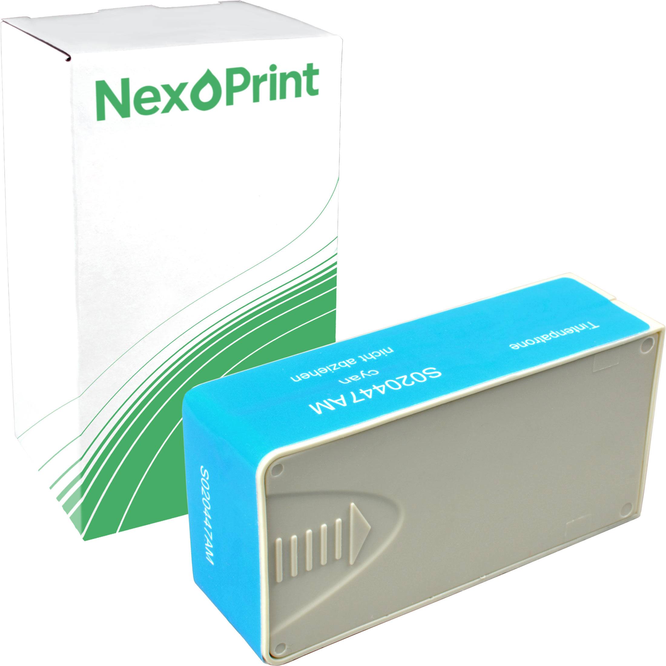 Eine NexPrint-Tonerkartusche mit Verpackung. Die Schachtel ist weiß mit grünen Akzenten und die Kartusche ist blau und grau, beschriftet mit ‚S020407AM'.