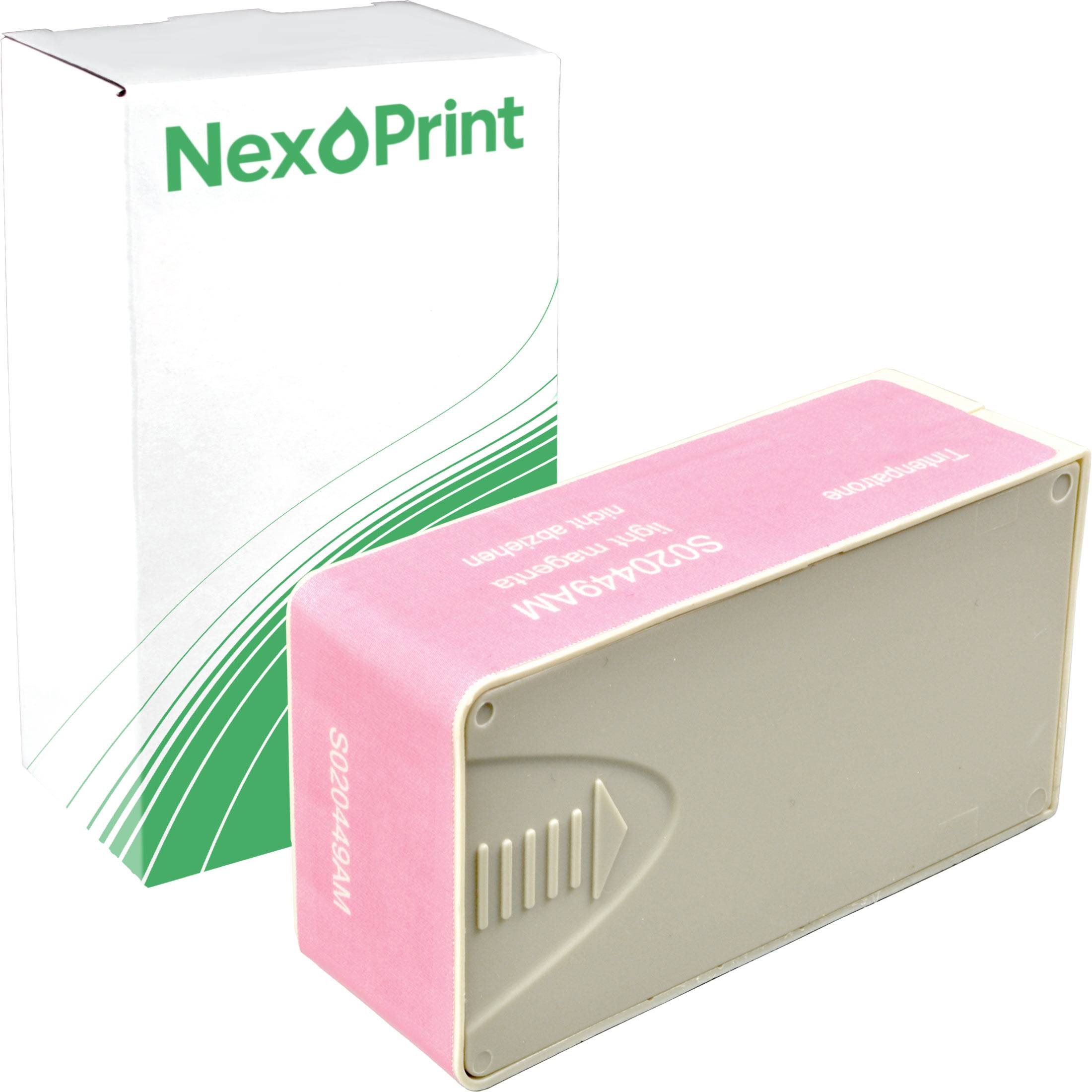 NexPrint Verpackungskarton neben einer rosa Tonerkartusche, beschriftet mit '502XAGAM High Yield Magenta', entwickelt für Laserdrucker.