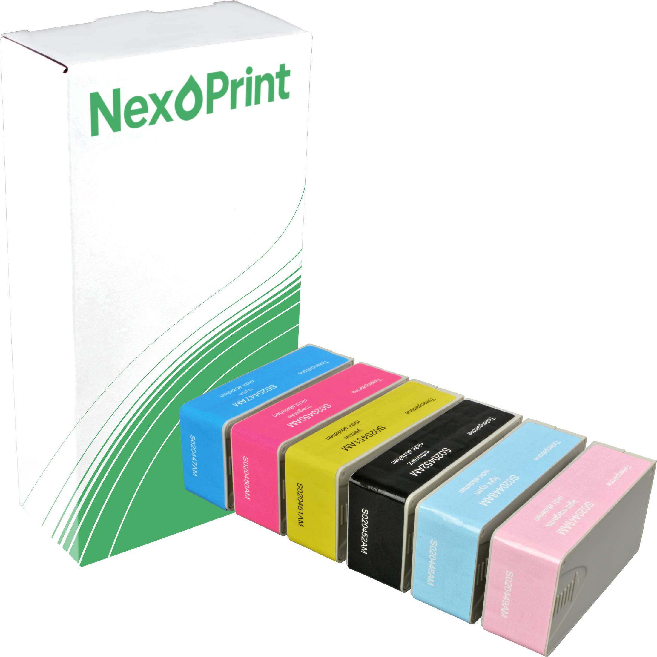 Bild einer NexPrint-Tintenpatronenschachtel mit fünf Farbpatronen in Cyan, Magenta, Gelb, Schwarz und Rosa, die davor angeordnet sind.