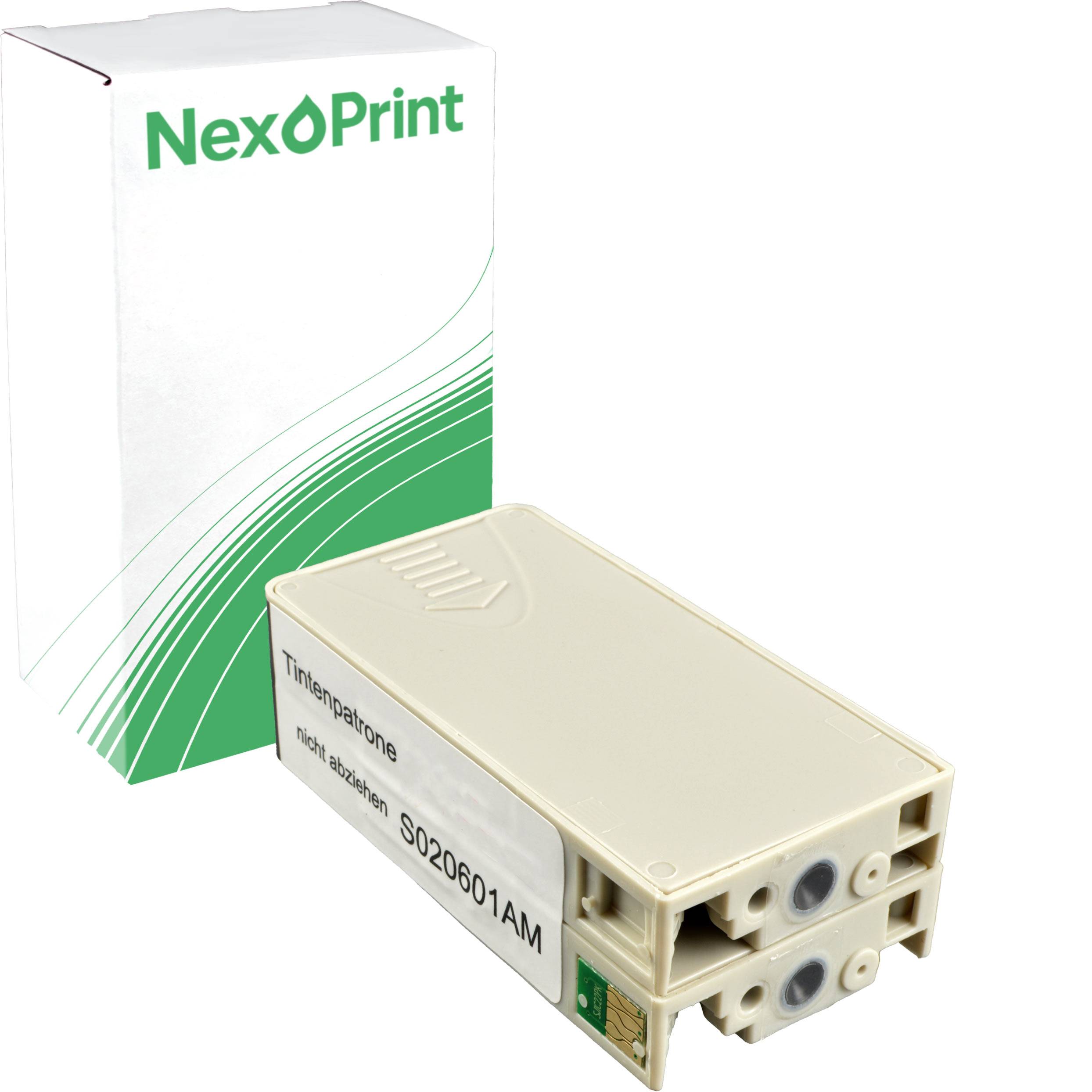 NexOPrint' Marken-Druckerkartusche in Verpackung mit weiß und grünem Design, neben einer beigen Tonerkartusche mit der Bezeichnung 'S020601AM' platziert.