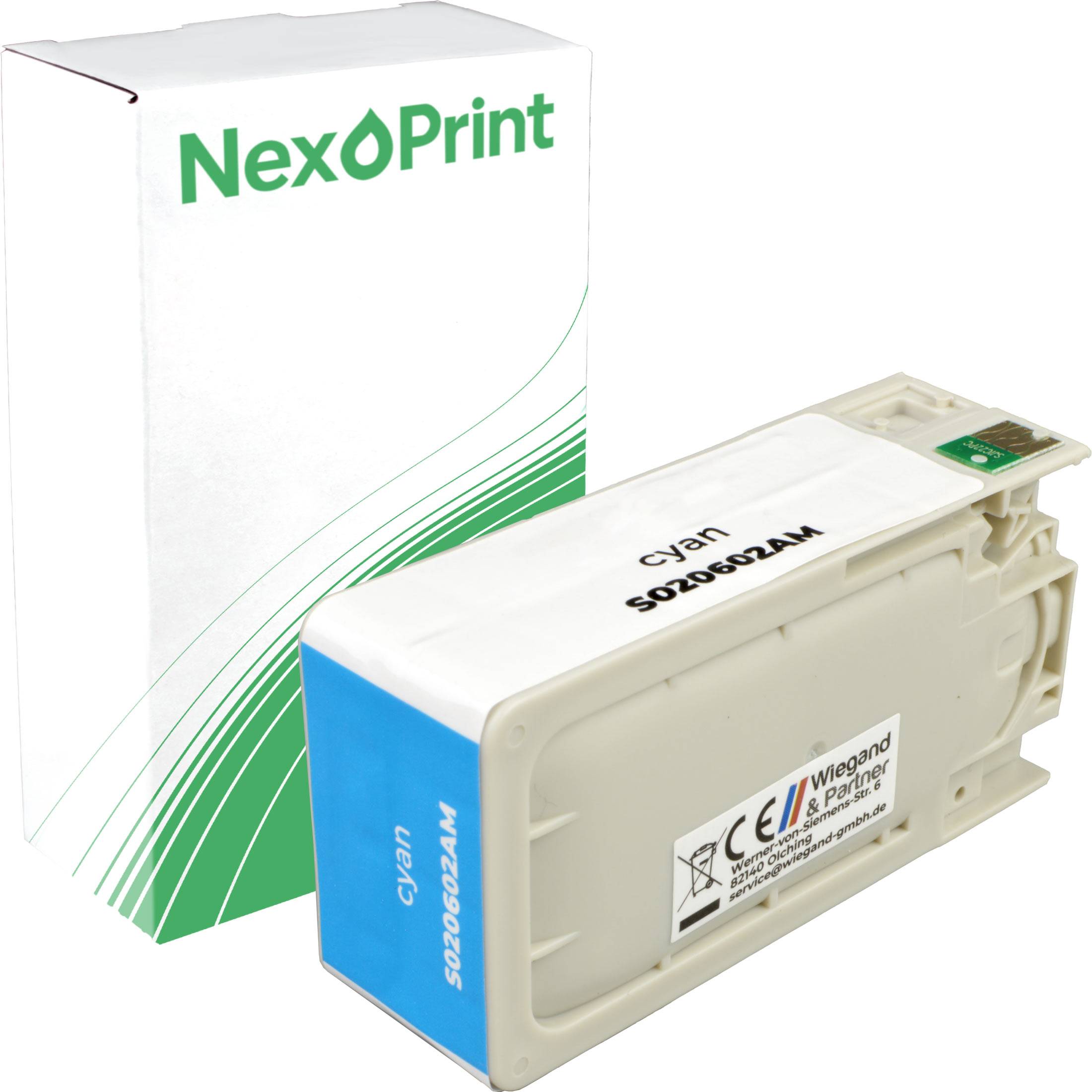Verpackung für 'NexPrint' Cyan-Tintenpatrone, die eine mit 'Cyan' beschriftete Patrone mit Produktcode und Konformitätssymbolen zeigt.