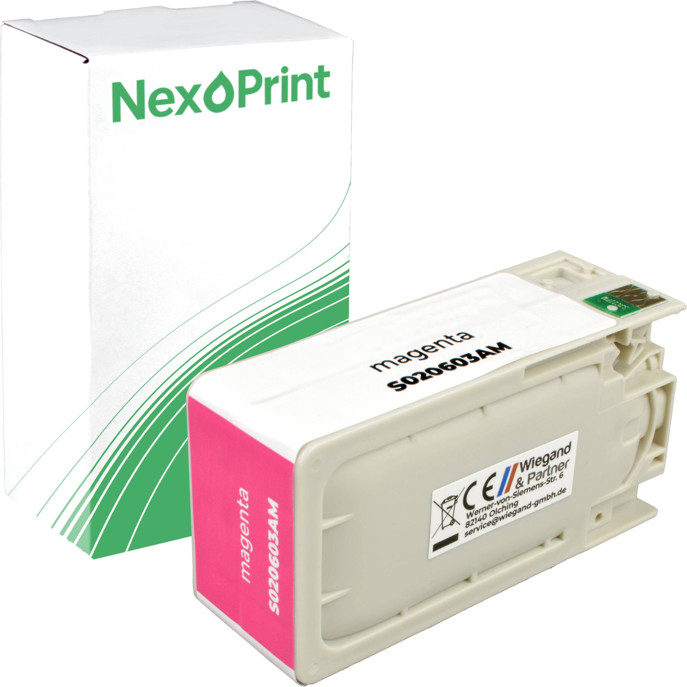 Magenta-Patrone mit Etikett 'NexPrint'. Schachtel im Hintergrund mit ähnlicher Markierung. Kompatibel mit bestimmten Druckern.