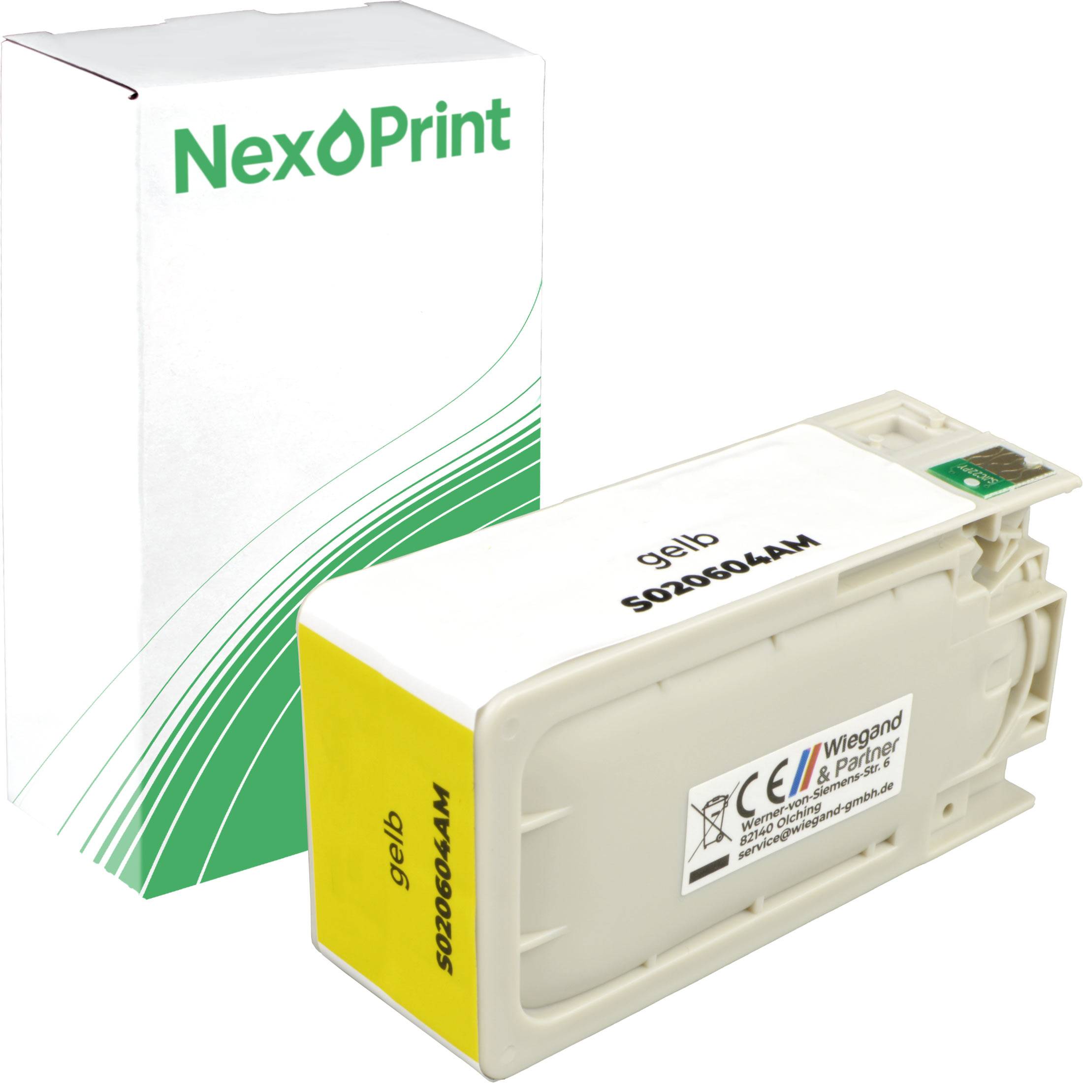 NexPrint'-Druckerpatronenschachtel und Patrone in Weiß und Gelb mit Produktcode 5020604AM, Indikatoren und Markenetikett.
