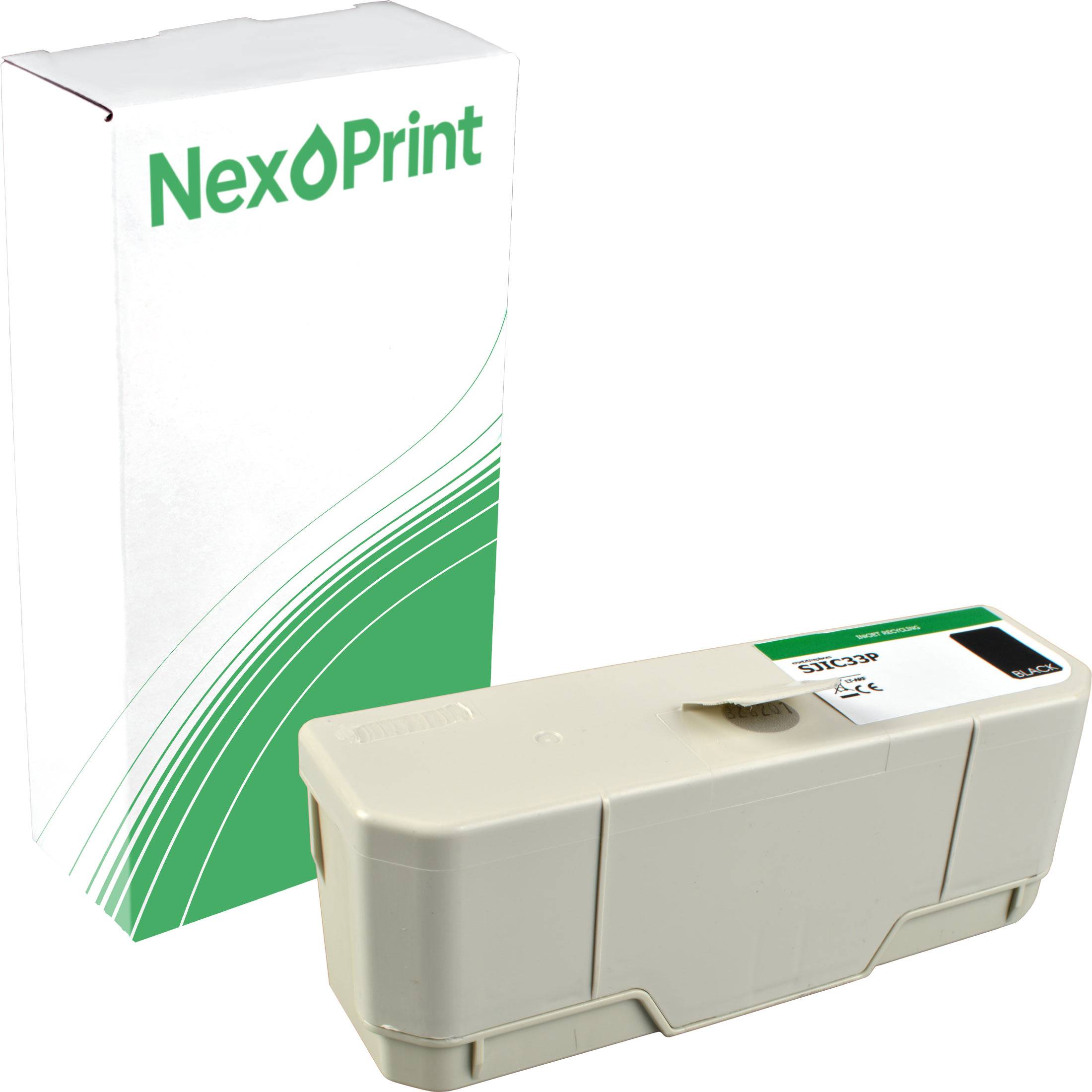 Eine NexPrint Tonerkartusche in ihrer Verpackung mit dem Firmenlogo in Grün auf weißem Hintergrund, daneben die beige Kartusche, die zur Installation bereit ist.