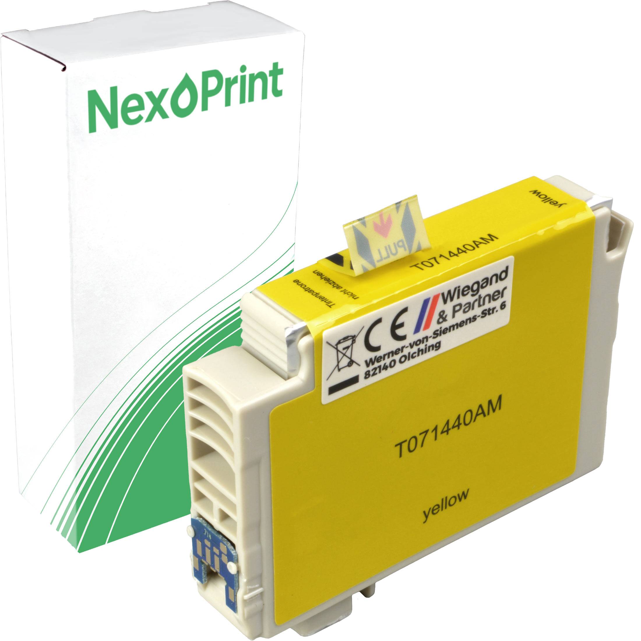 Eine gelbe Druckertintenpatrone mit der Bezeichnung 'T071440AM' von Wiegand & Partner. Die Verpackung dahinter zeigt die Markenbezeichnung 'NexPrint'.