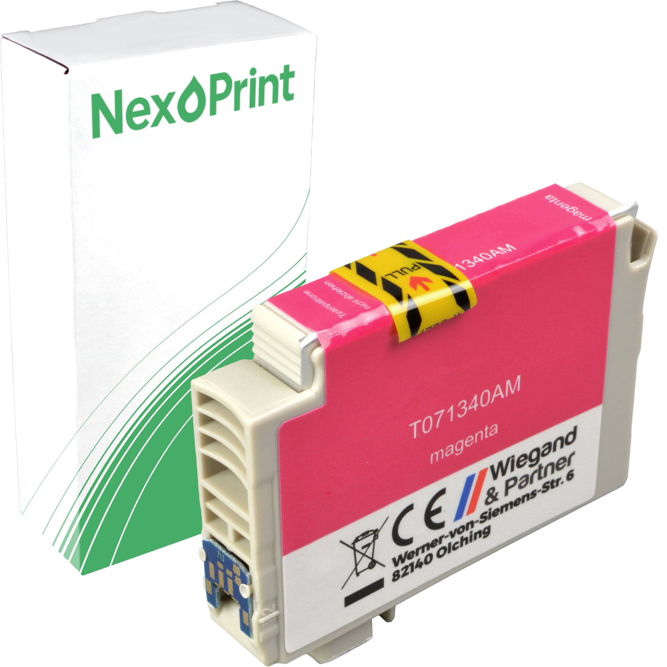 Eine magentafarbene Druckerpatronen mit 'NexPrint'-Verpackung im Hintergrund, beschriftet mit 'T071340AM' und 'magenta'.