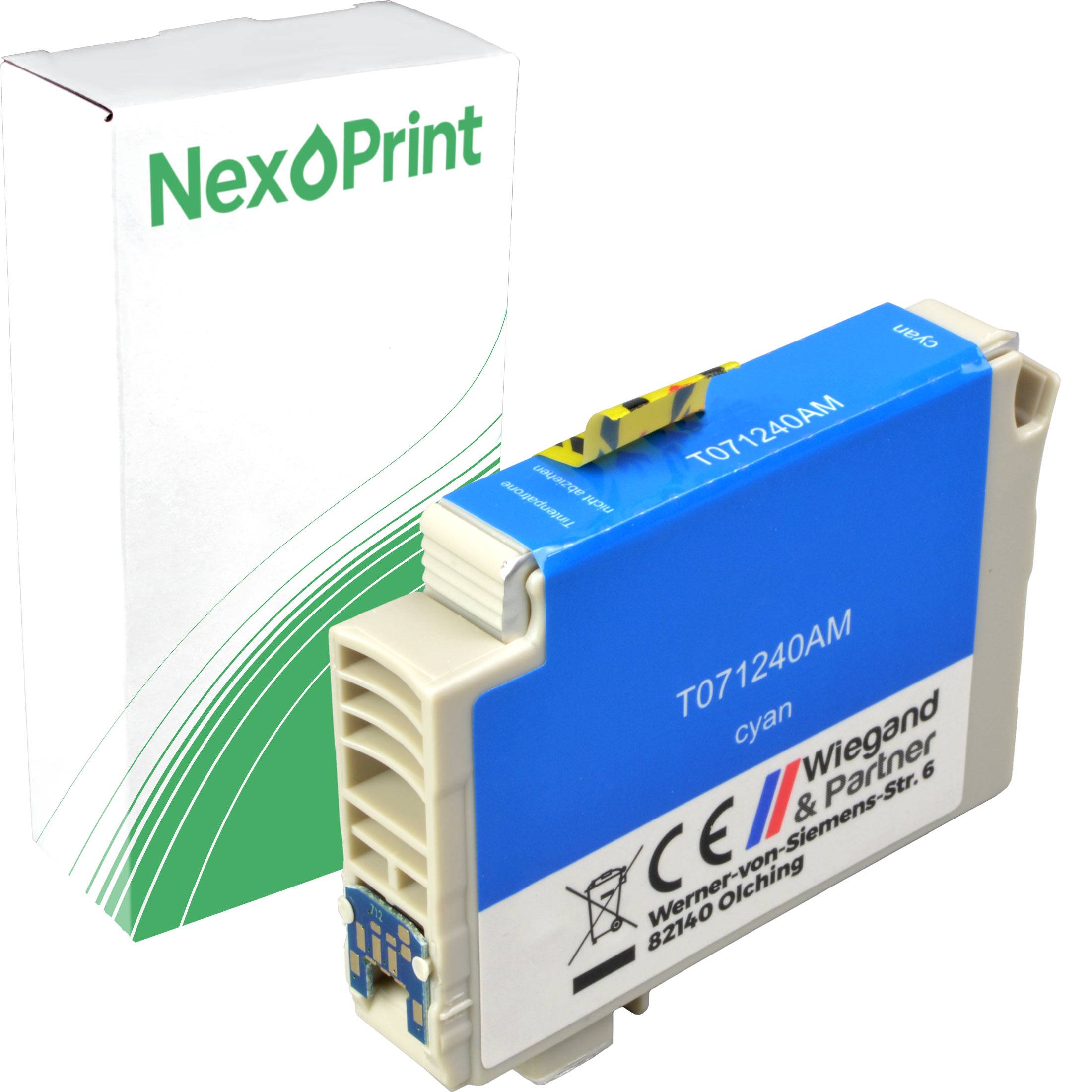 Cyan-Tintenpatrone mit der Bezeichnung ‚T071240AM' neben der NexPrint-Verpackung.