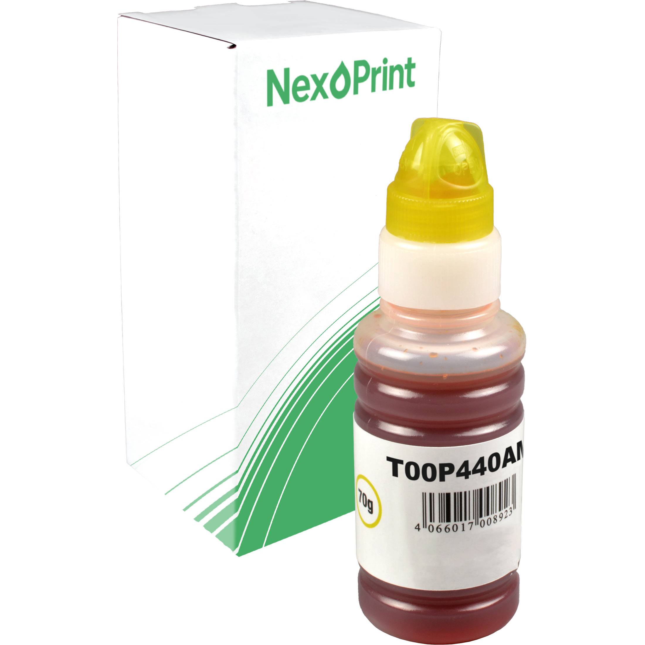 NexPrint Tintenpatrone vor einer weißen Schachtel mit grünen Akzenten, beschriftet mit ‚T00P440AM' und ‚70g', mit einem gelben Ausgabeverschluss.
