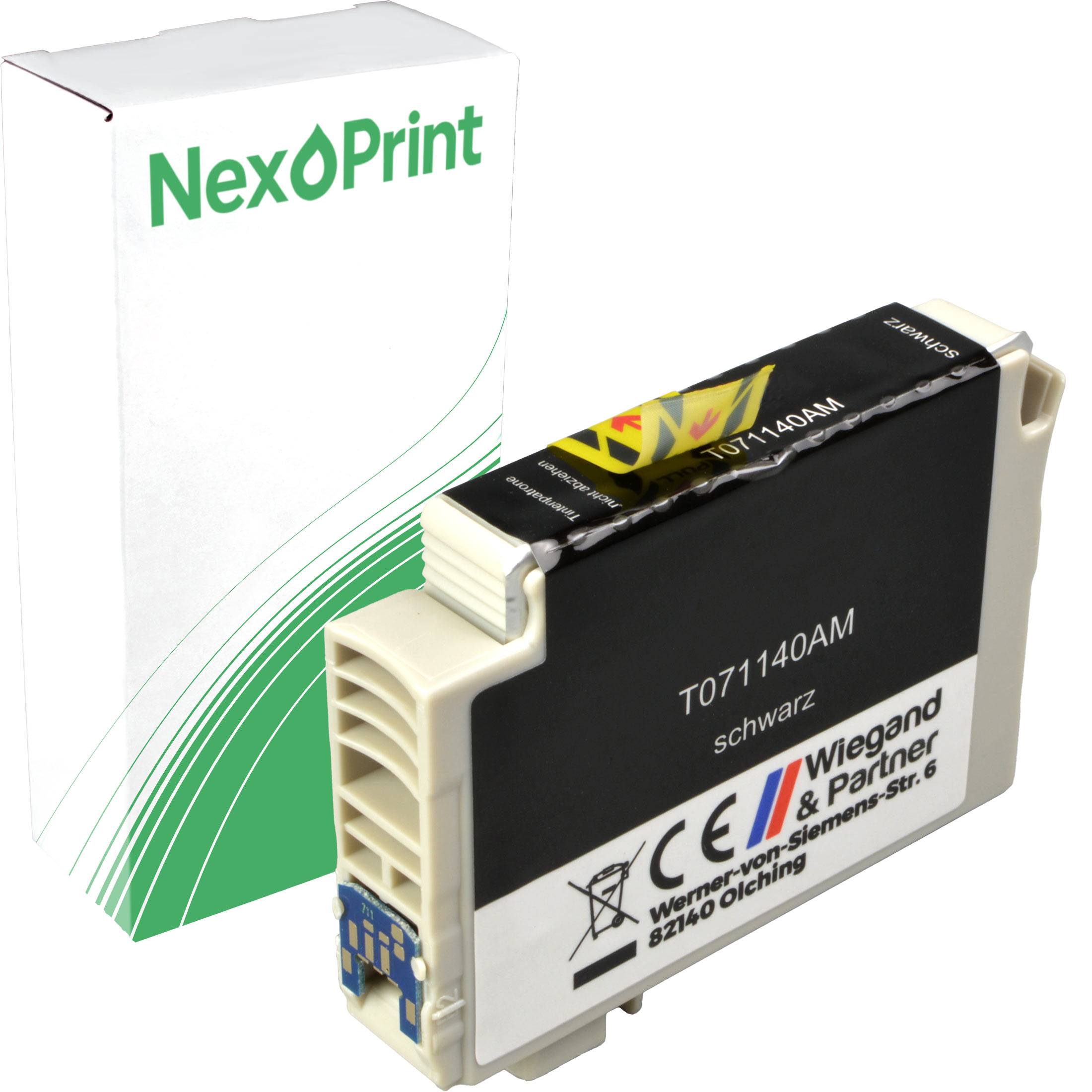 Tintenpatrone mit der Beschriftung 'T071140AM', kompatibel mit 'NexPrint' Druckern. Karton hat ein grün-weißes Design und zeigt den Markennamen.