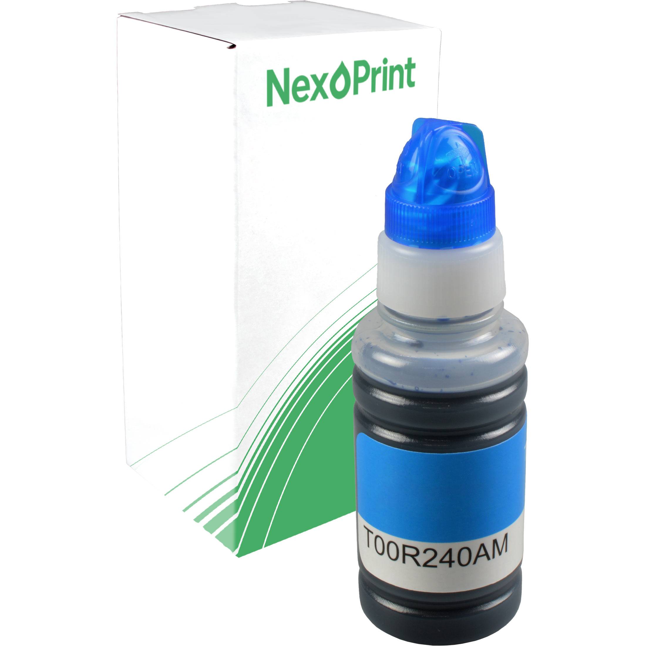 Eine Flasche NexPrint-Tinte mit blauem Deckel und Etikett 'T00R240AM' befindet sich vor ihrer Verpackungsschachtel mit grünen Designelementen.