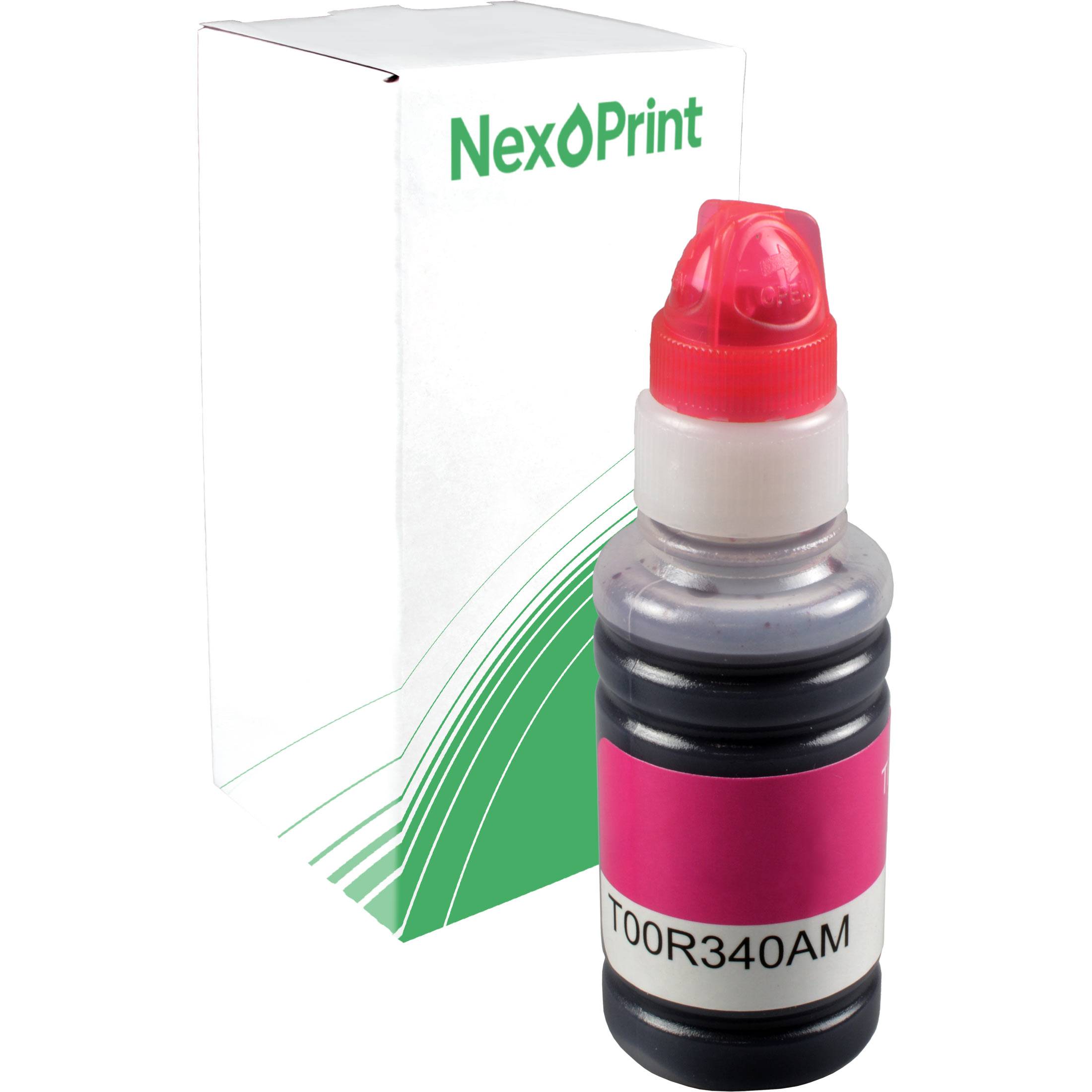Tintenflasche mit rotem Deckel und Etikett 'T00R340AM' vor einer weißen Box mit der Beschriftung 'NexPrint'.
