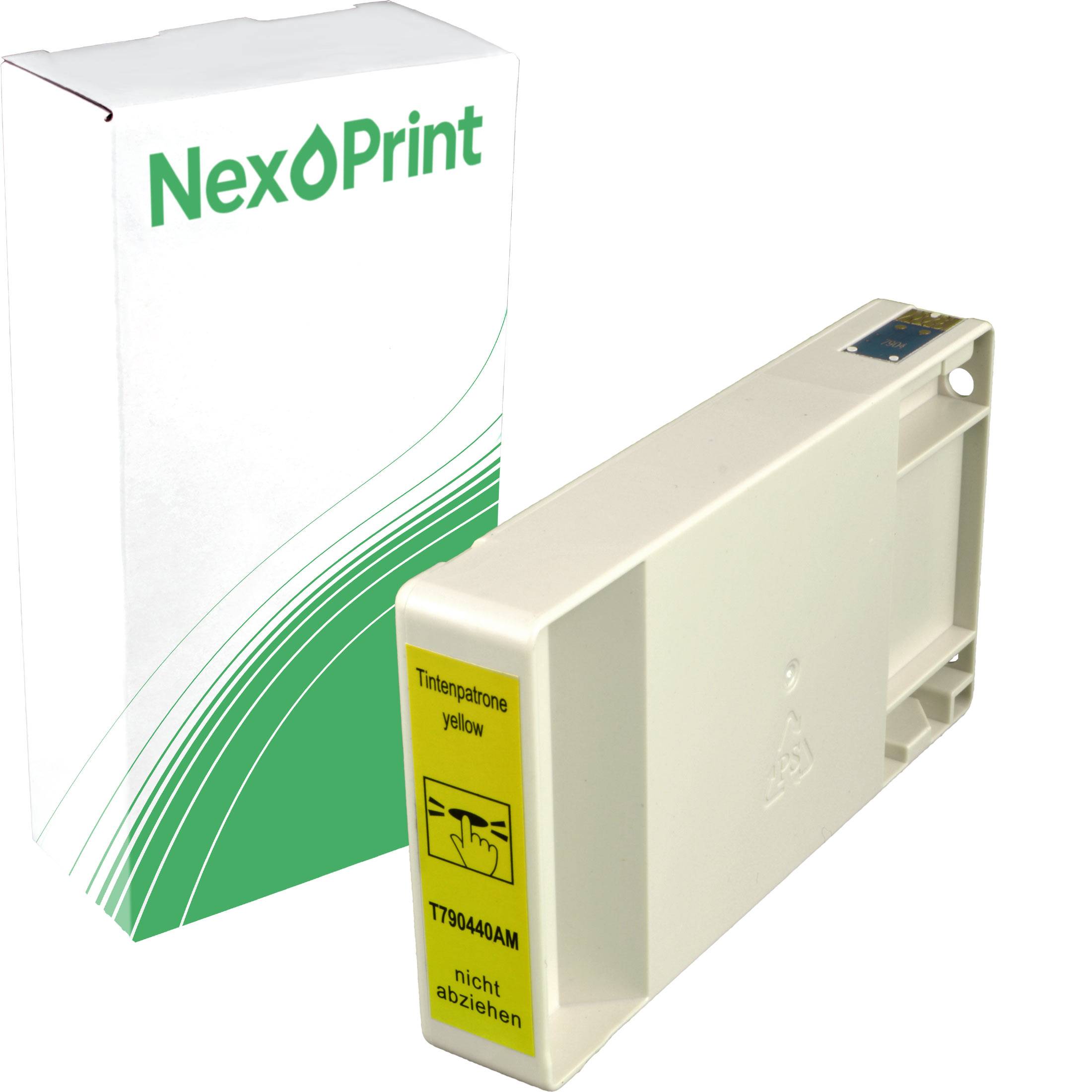 Tintenpatrone mit gelbem Etikett neben einer weißen Box der Marke 'NexoPrint' mit grünen Akzenten.