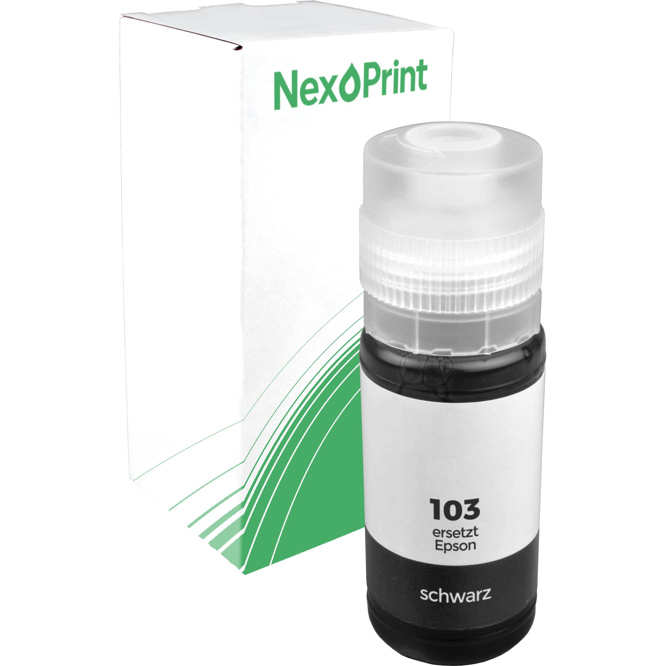 Tintenflasche mit Etikett '103 ersetzt Epson schwarz' neben einer NexPrint-Verpackung.