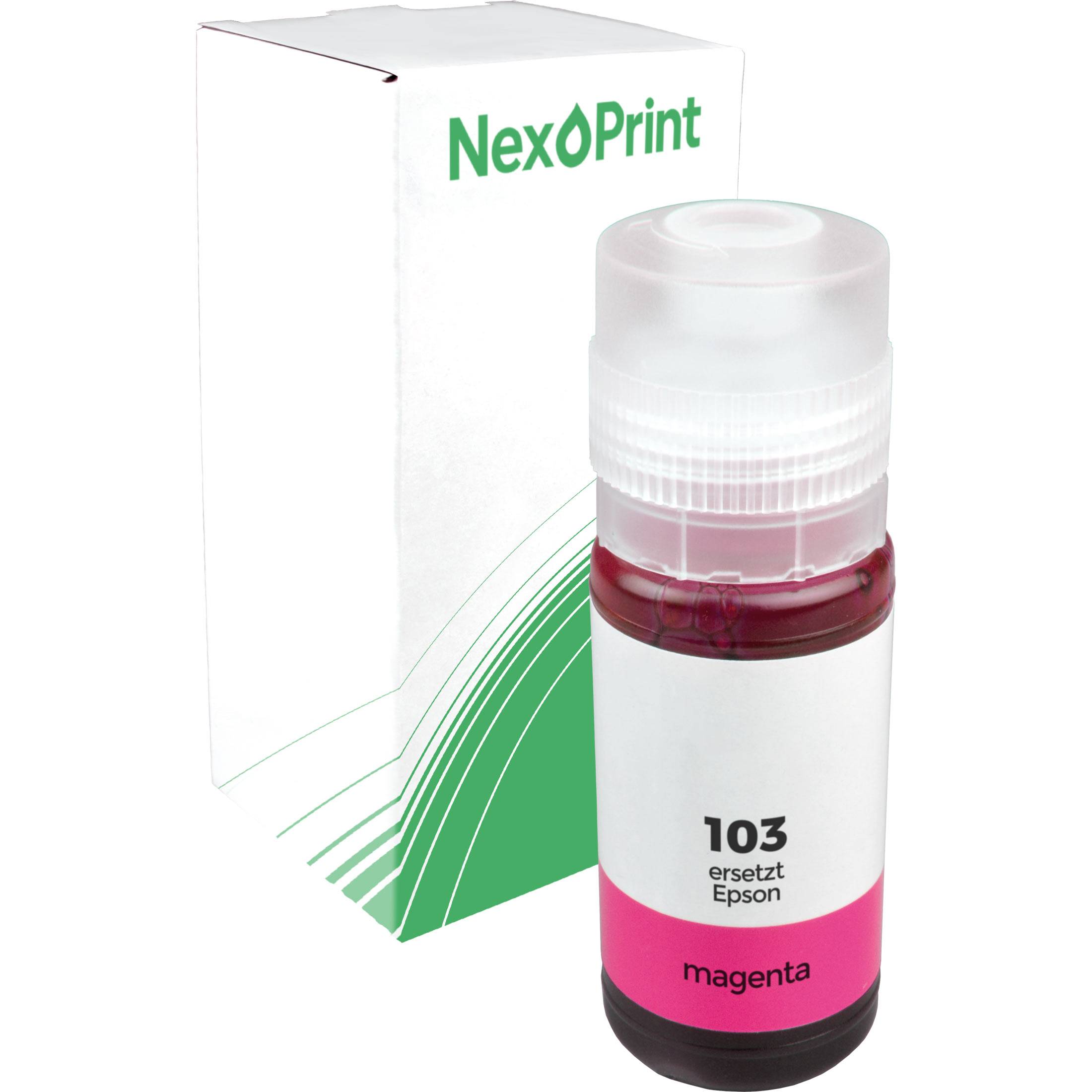 Eine Flasche Magenta-Tinte mit der Aufschrift „103 ersetzt Epson