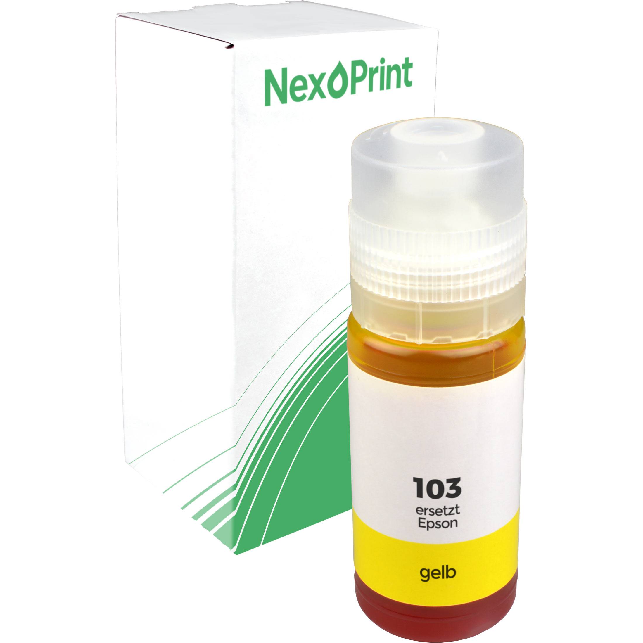 Gelbe Tintenflasche mit der Beschriftung '103 ersetzt Epson gelb' vor einem weißen Hintergrund mit dem 'NexPrint' Logo.