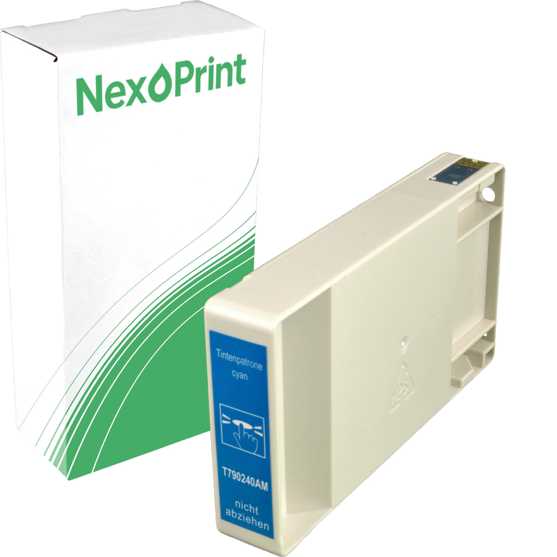 Cyan-Tintenpatrone mit Verpackung, beschriftet mit 'NexPrint'. Die Patronennummer lautet T790240AM. Text auf Deutsch liest sich 'nicht abziehen'.