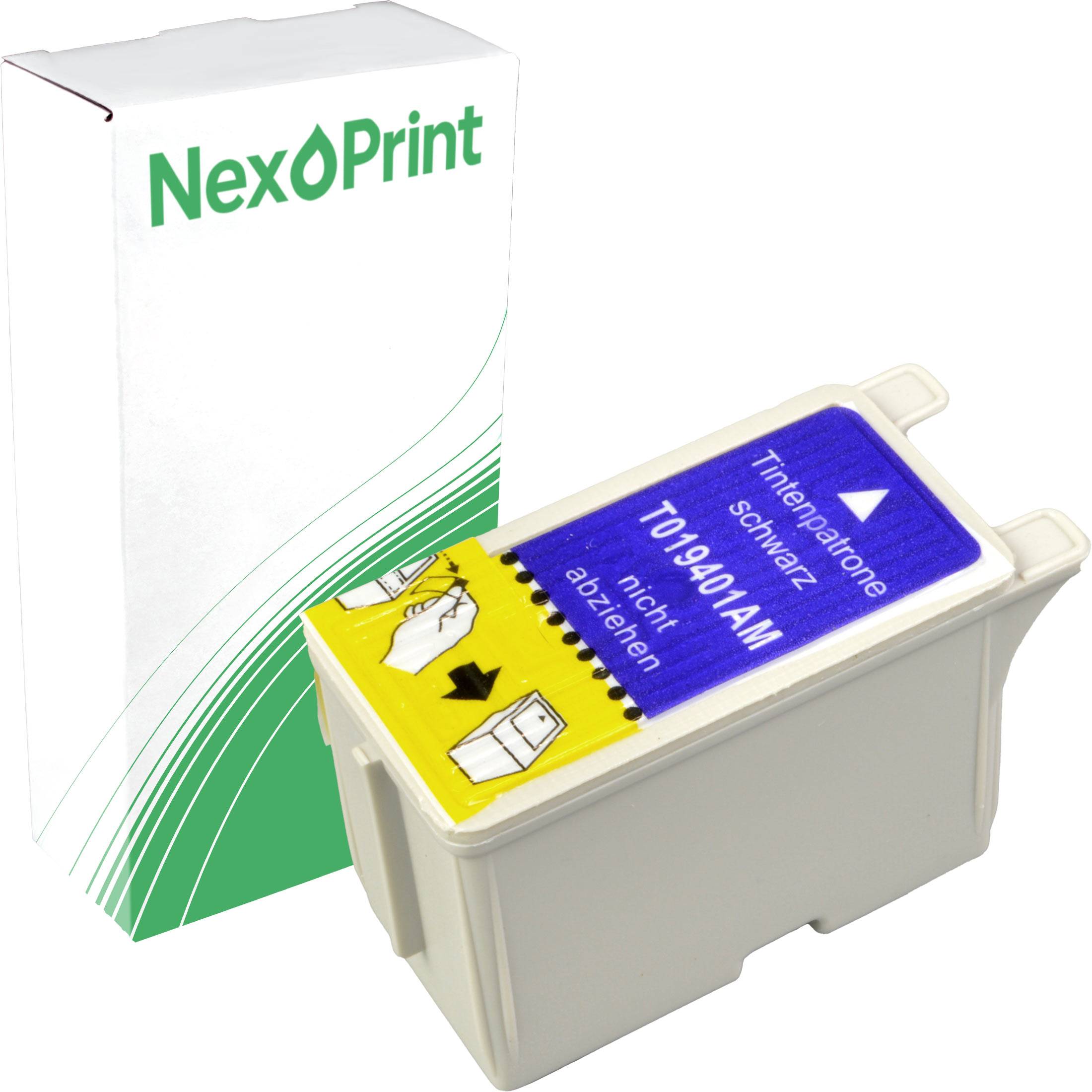 Eine 'NexPrint'-Tintenpatrone mit gelb-blauem Etikett vor ihrer weiß-grünen Verpackung.