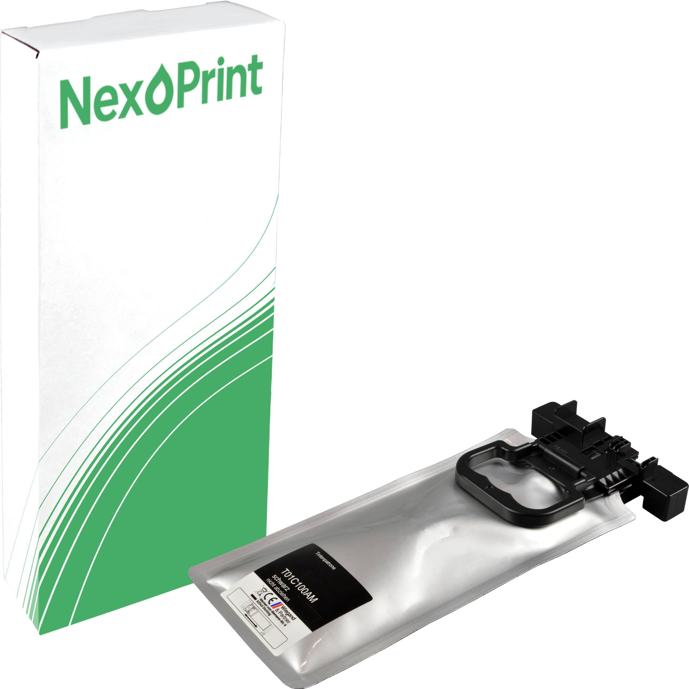 NexøPrint Druckerpatrone und Schachtel. Die Patrone ist silber mit einem schwarzen Verschluss, und daneben befindet sich eine weiße und grüne Schachtel mit der Aufschrift „NexøPrint