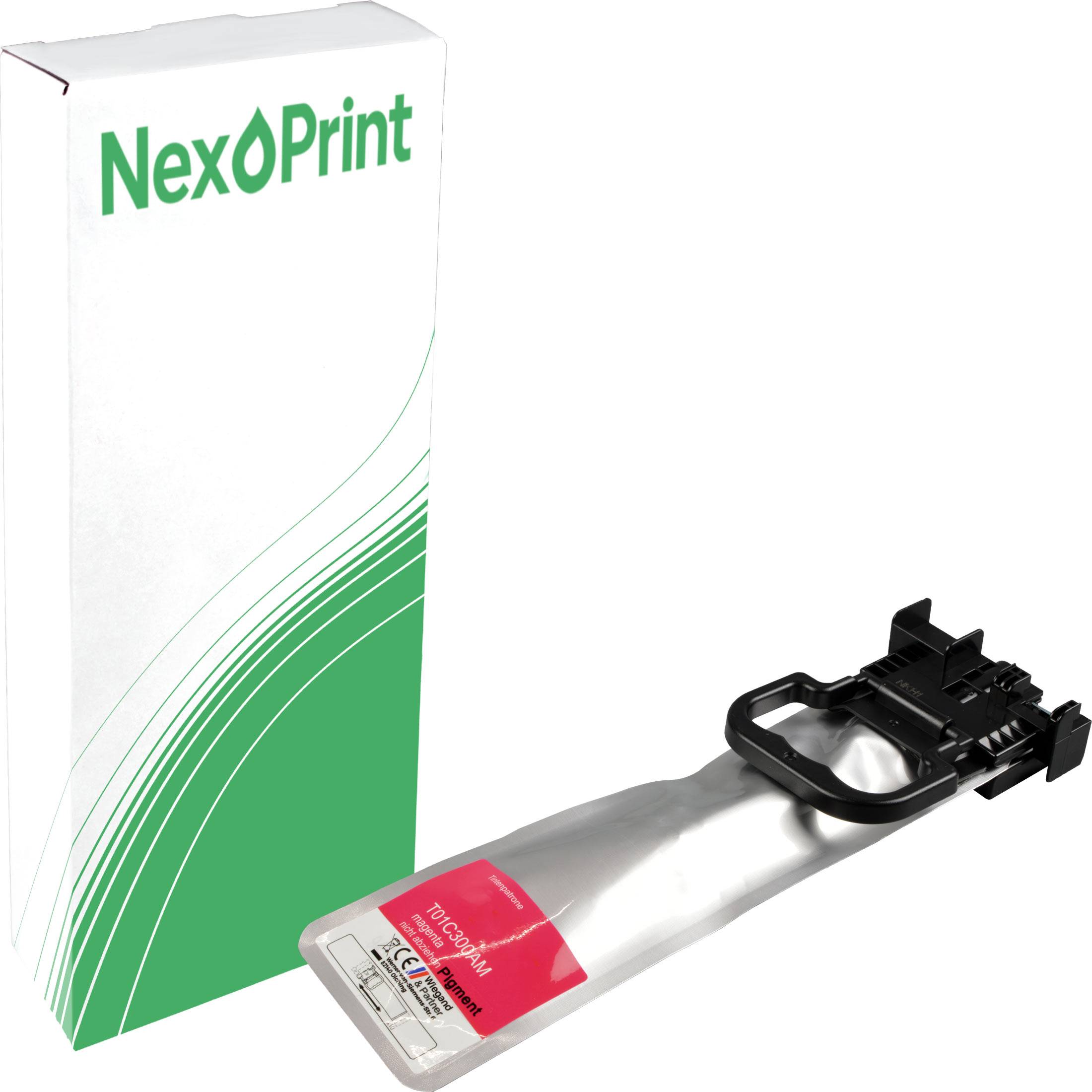NexoPrint' Tonerkartusche mit Verpackung und silberner Kartusche mit magentafarbenem Etikett, entwickelt für den Druck.