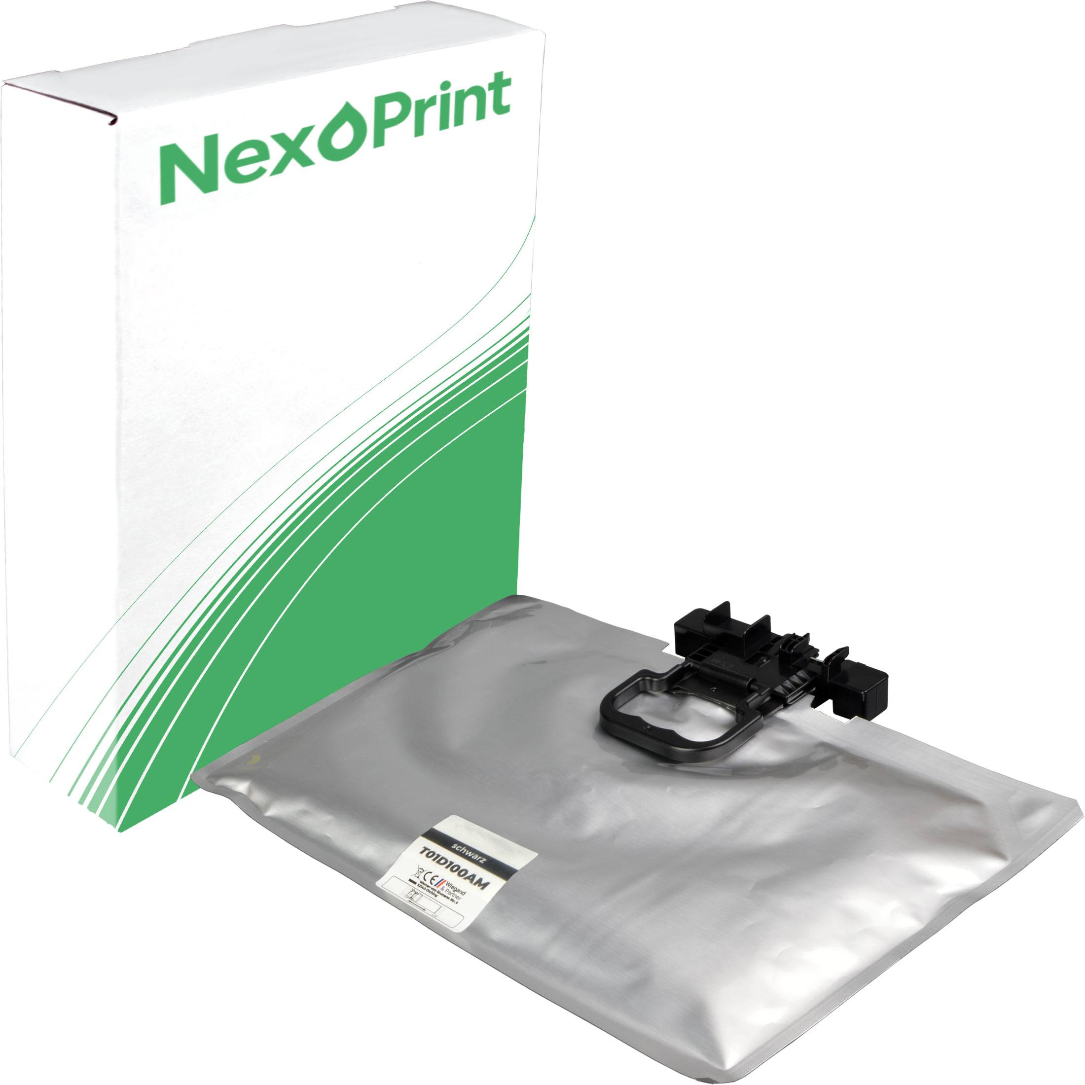 NexoPrint' Druckerpatrone neben ihrer Verpackung, mit sichtbarer Marke und Verpackungsdesign.