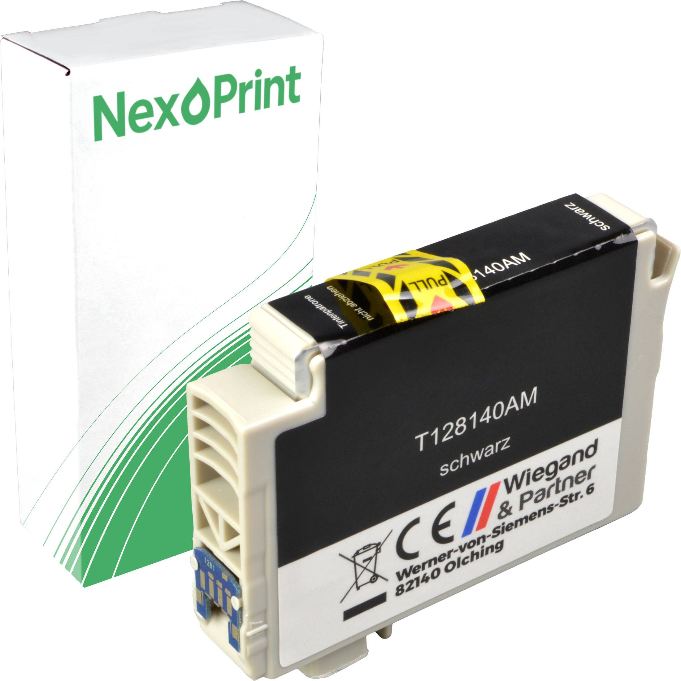 Eine Druckerpatrone mit der Beschriftung 'T128140AM schwarz', neben einer NexPrint-Verpackungsschachtel.