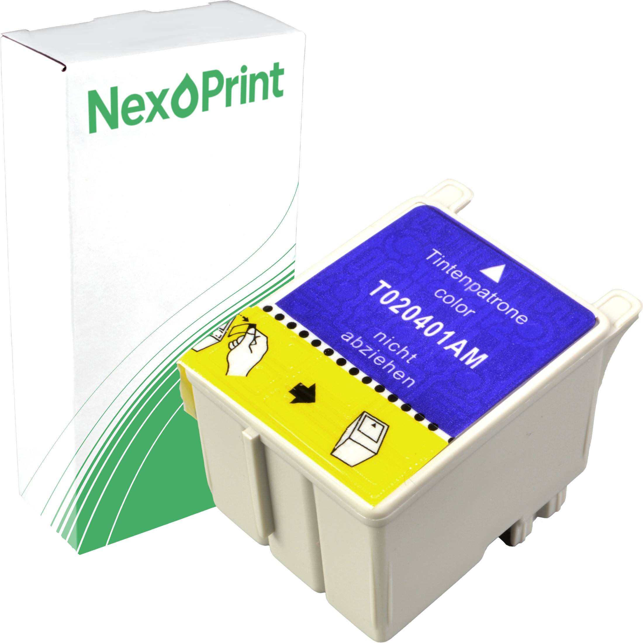 Eine Druckerpatrone mit einer farbenfrohen Etikette und einer Anweisung auf Deutsch, neben einer Schachtel mit der Aufschrift 