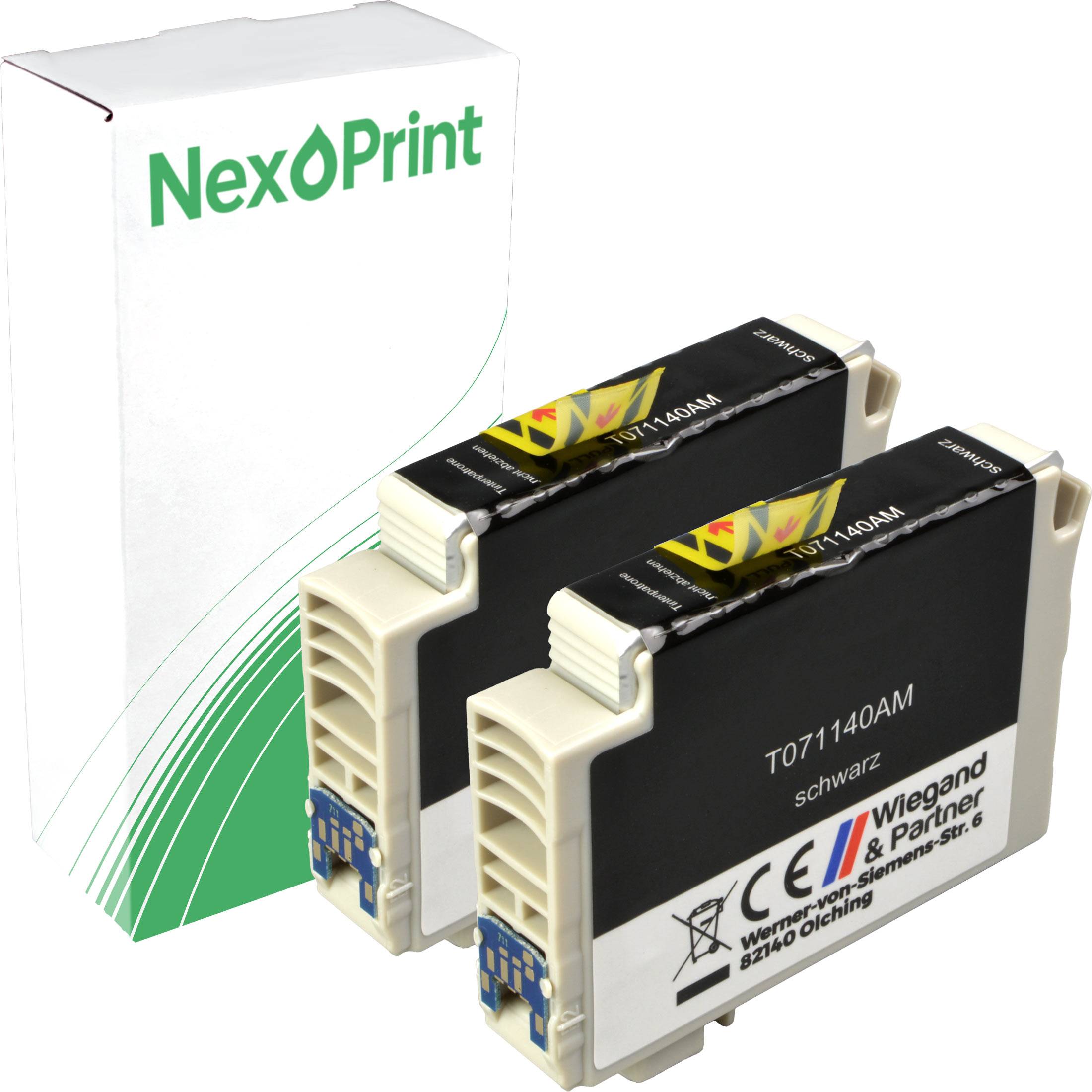 Zwei schwarze NexPrint-Tintenpatronen mit der Bezeichnung ‚T071140AM schwarz' sind in Verpackungen mit grün-weißem Design dargestellt, die ihre Kompatibilität anzeigen.