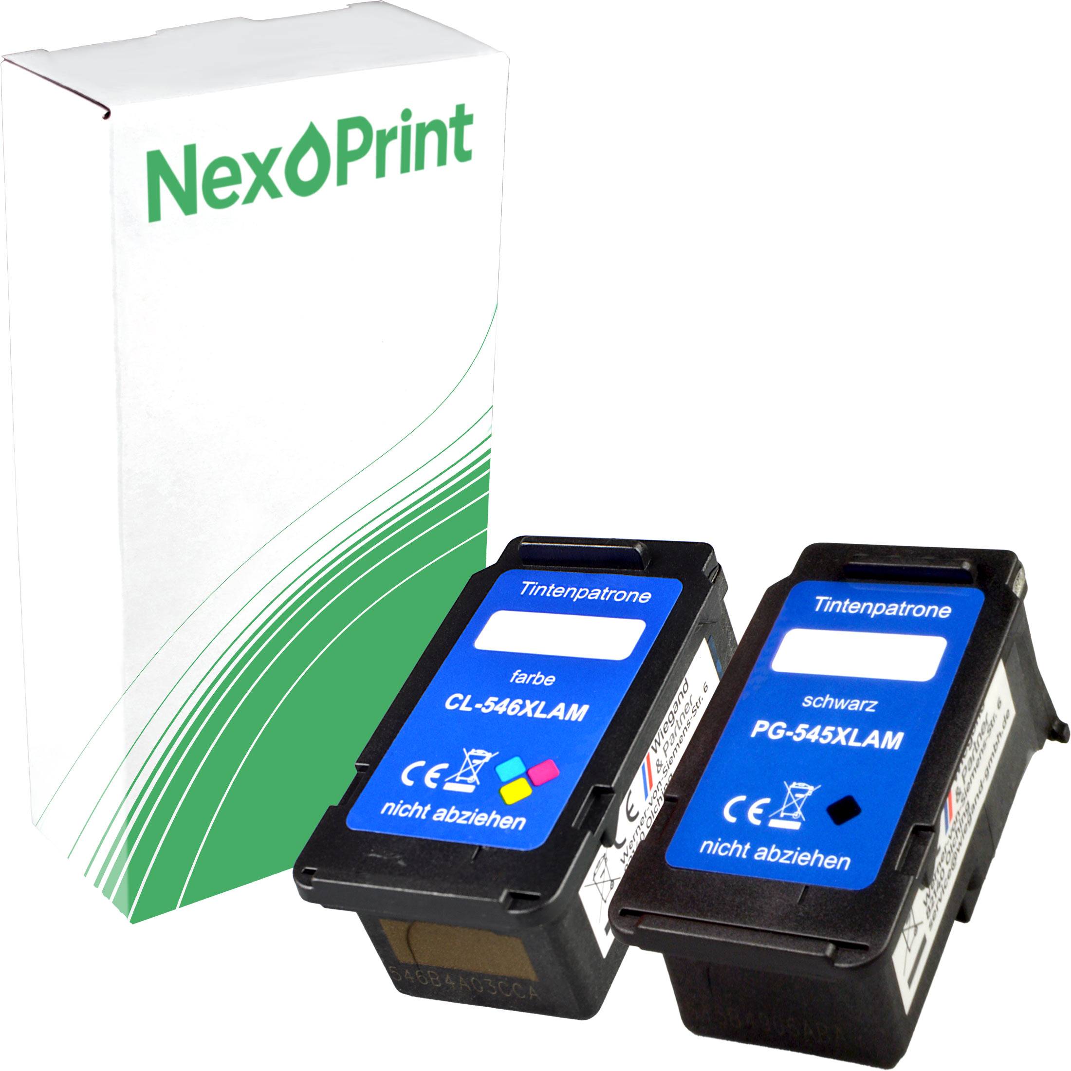 Druckerpatronen mit den Bezeichnungen 'CL-546XLAM' und 'PG-545XLAM' mit Verpackung, auf der 'NexPrint' steht.