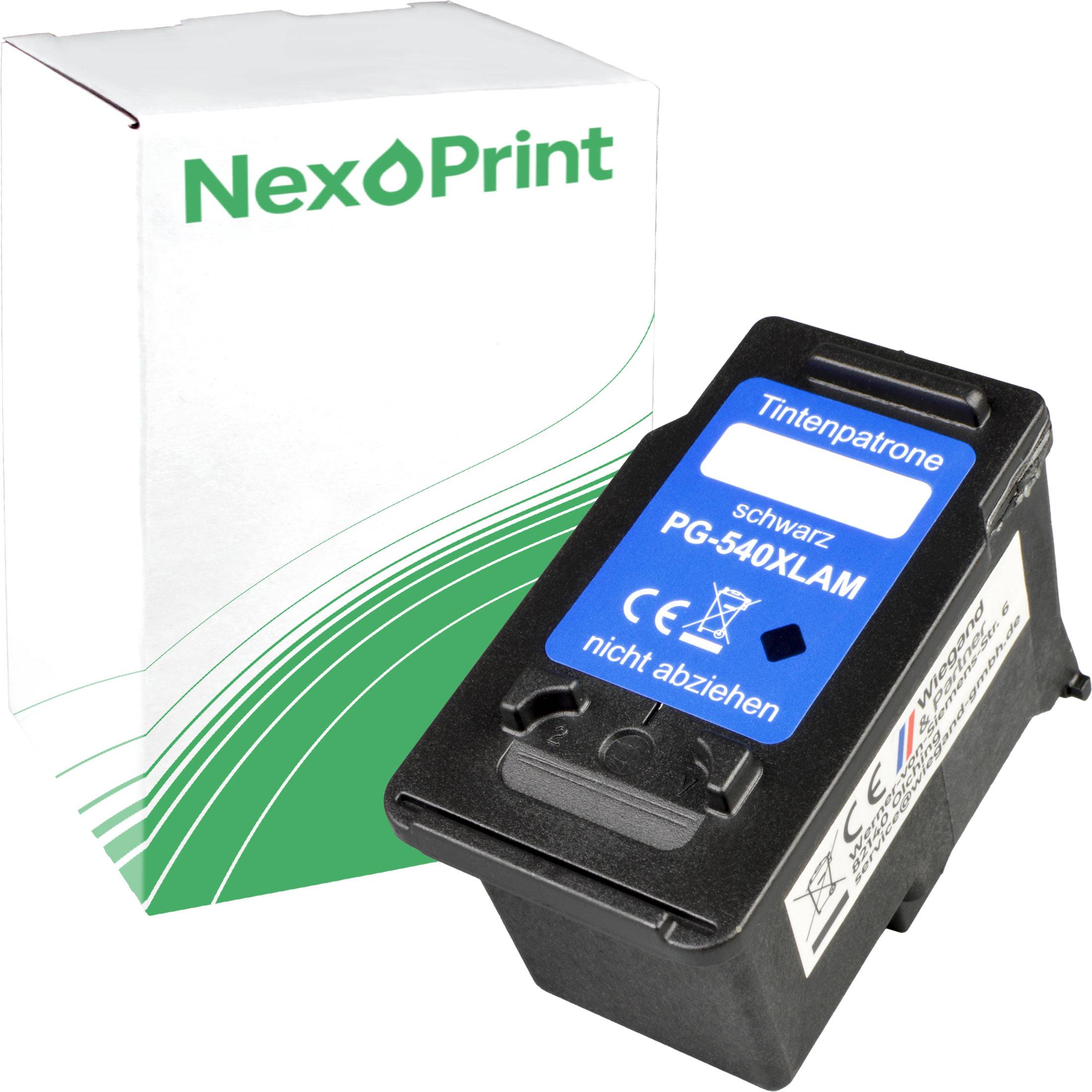 Tintenpatrone mit der Beschriftung 'PG-540XLAM schwarz', vor einer NexPrint-Markenverpackung.