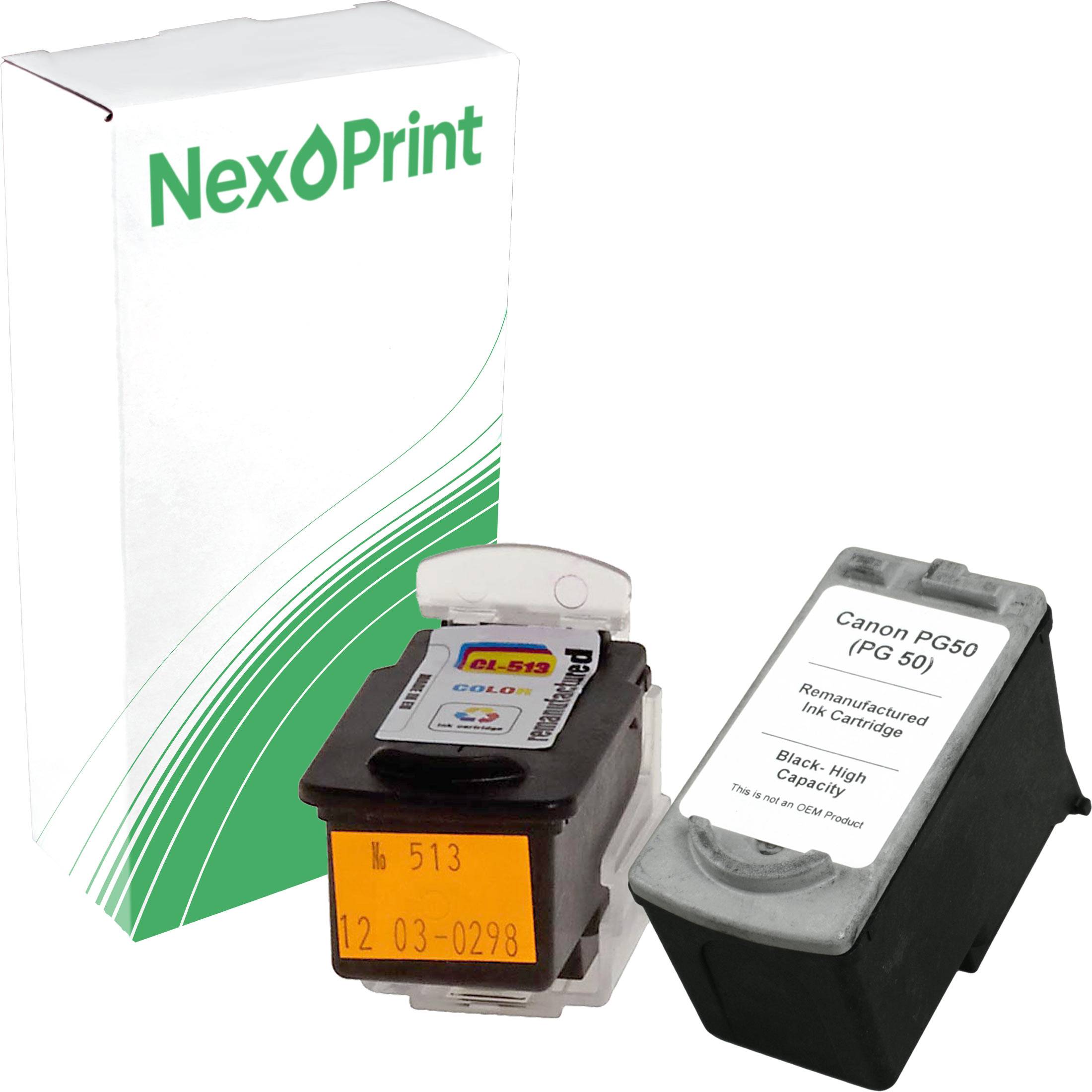 Zwei Tintenpatronen, eine mit der Beschriftung 'Canon PG50', neben einer NexPrint-Schachtel.