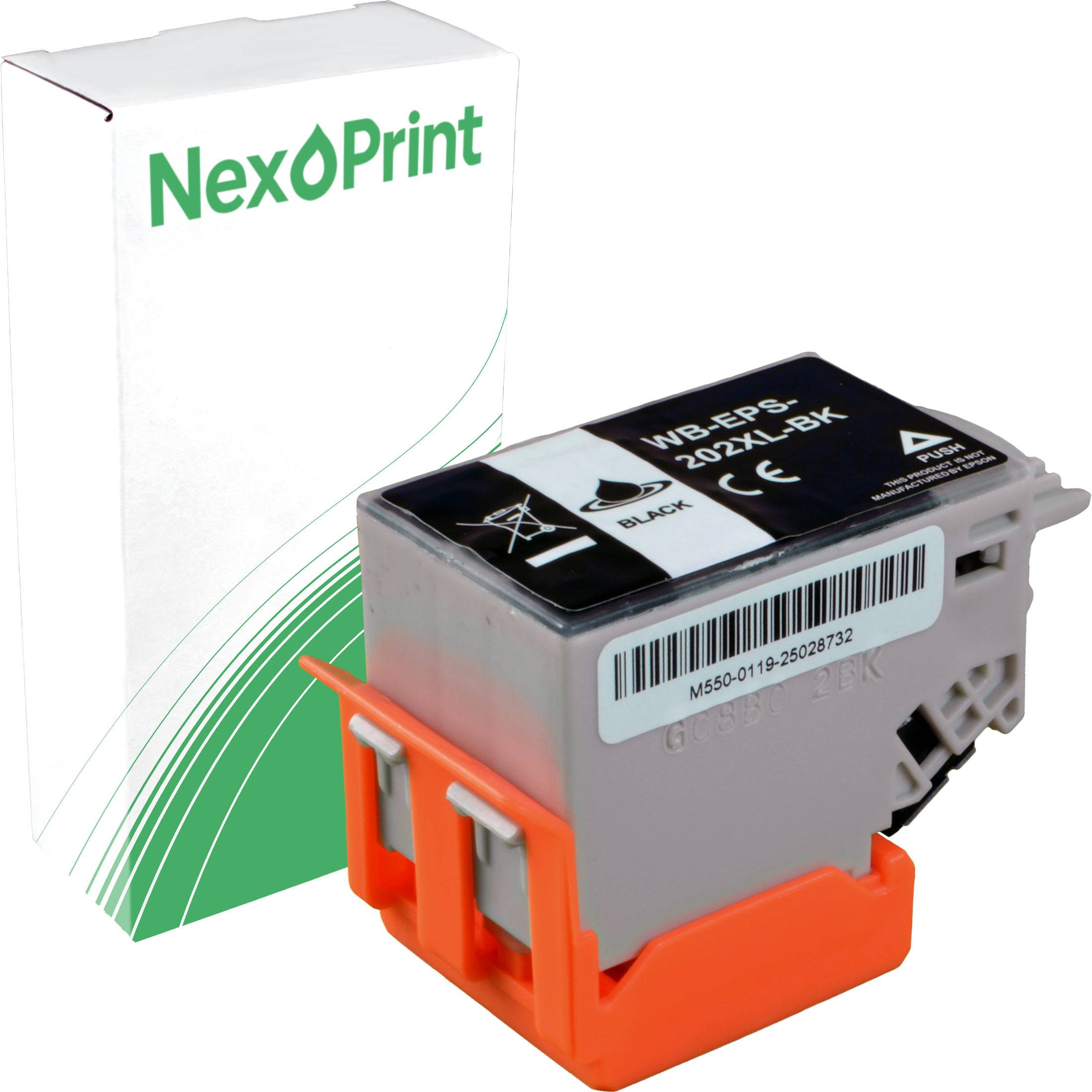Schwarze 'NexPrint' Tintenpatrone mit Verpackung; geeignet für verschiedene Druckermodelle; zeigt Produktcodes und ein Recycling-Symbol.