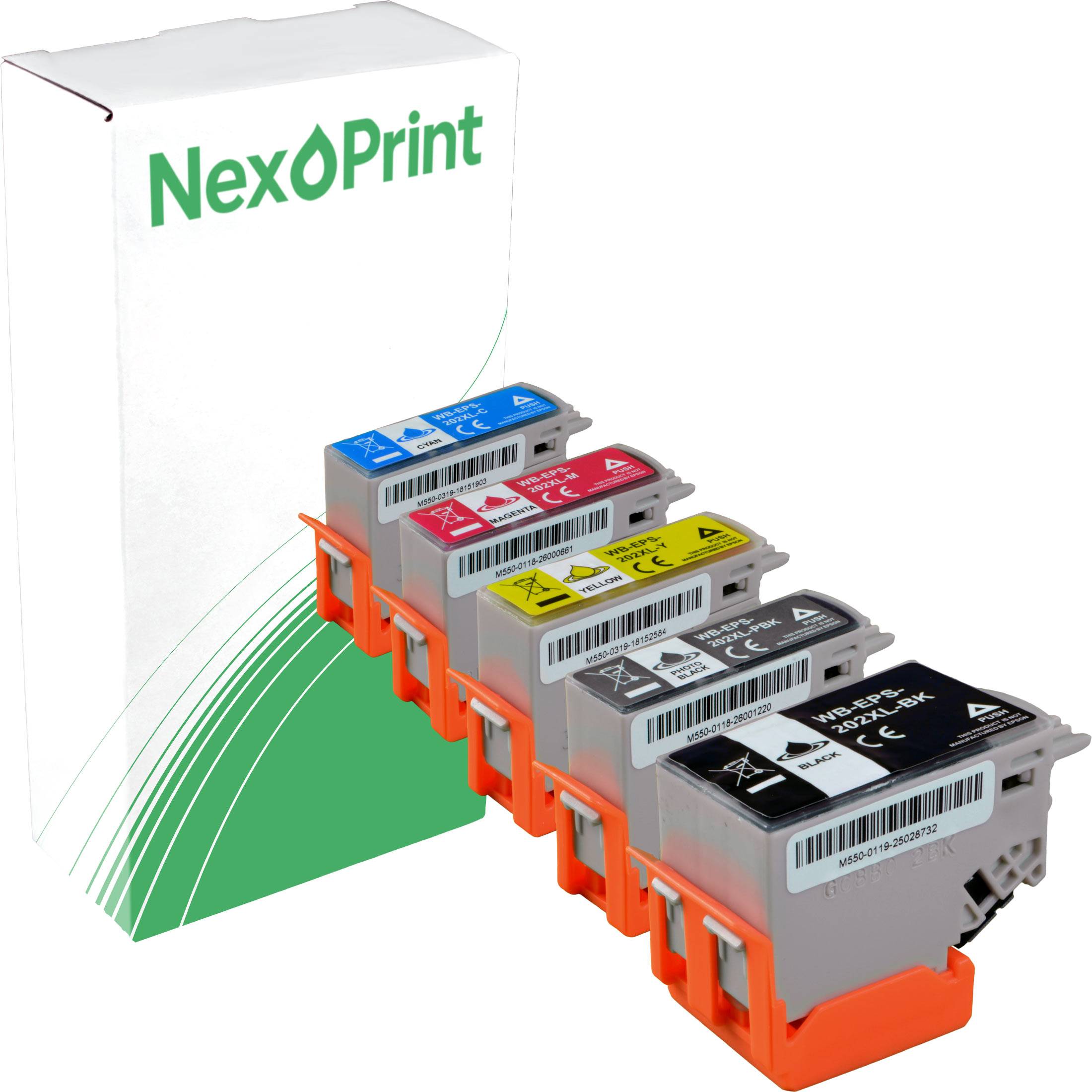 NexPrint' Tintenpatronensatz, präsentiert in einer weiß-grünen Box. Enthält schwarze, cyan-, magenta- und gelbe Patronen, die in einer Reihe ausgerichtet sind.