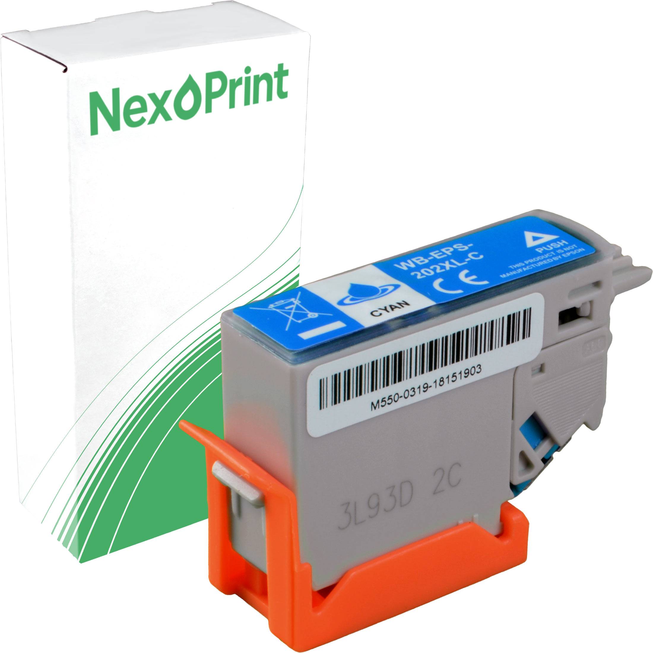 Tintenpatrone für 'NexPrint' mit Verpackung. Patrone in Cyan beschriftet, gekennzeichnet mit Modellnummer und Kompatibilitätscodes. Verpackung enthält Markenlogo.