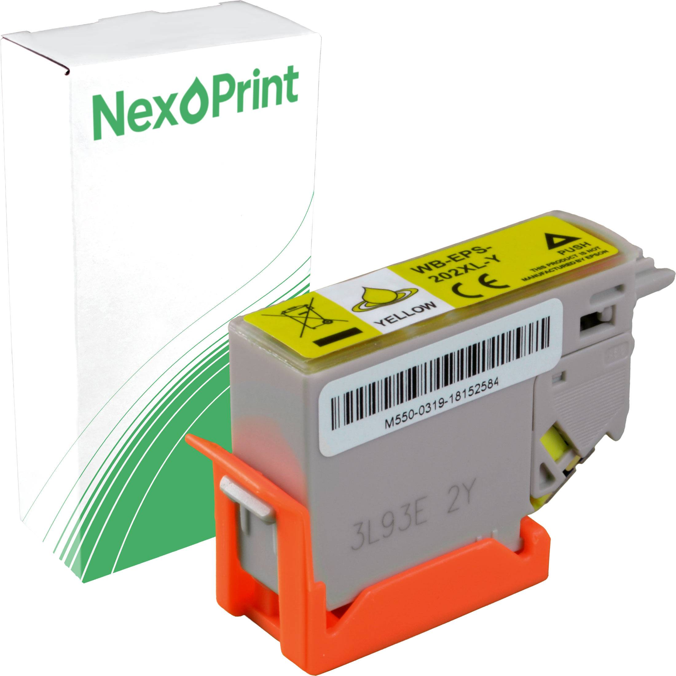 Tintenpatrone mit Verpackung, die mit 'NexPrint' beschriftet ist; Patrone hat ein gelbes Etikett und den Code 'M950-0319-16152584', für Drucker verwendet.
