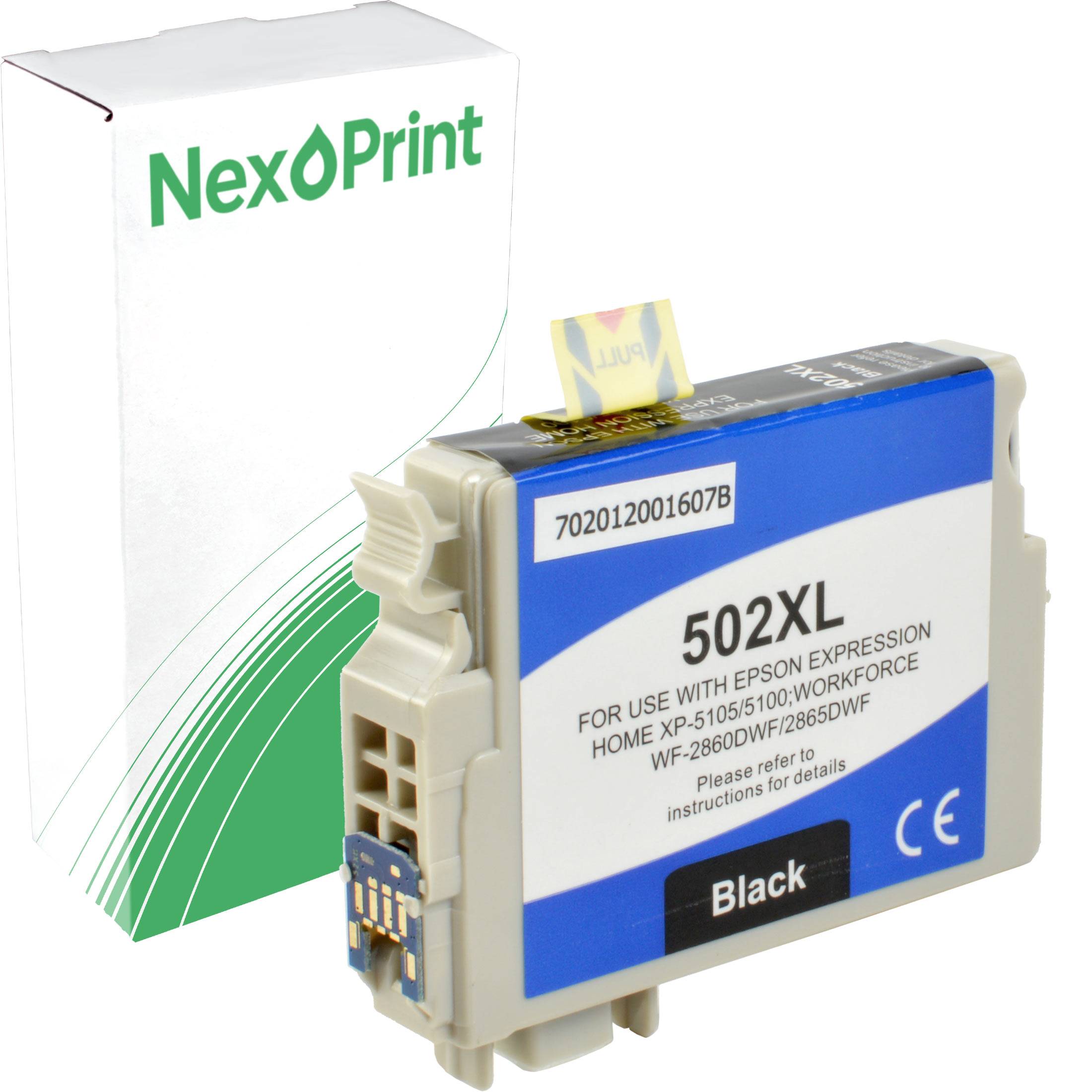 502XL Schwarz' Druckerpatrone vor 'NexoPrint' Verpackung, kompatibel mit Epson Expression, enthält Chip für Kompatibilität.