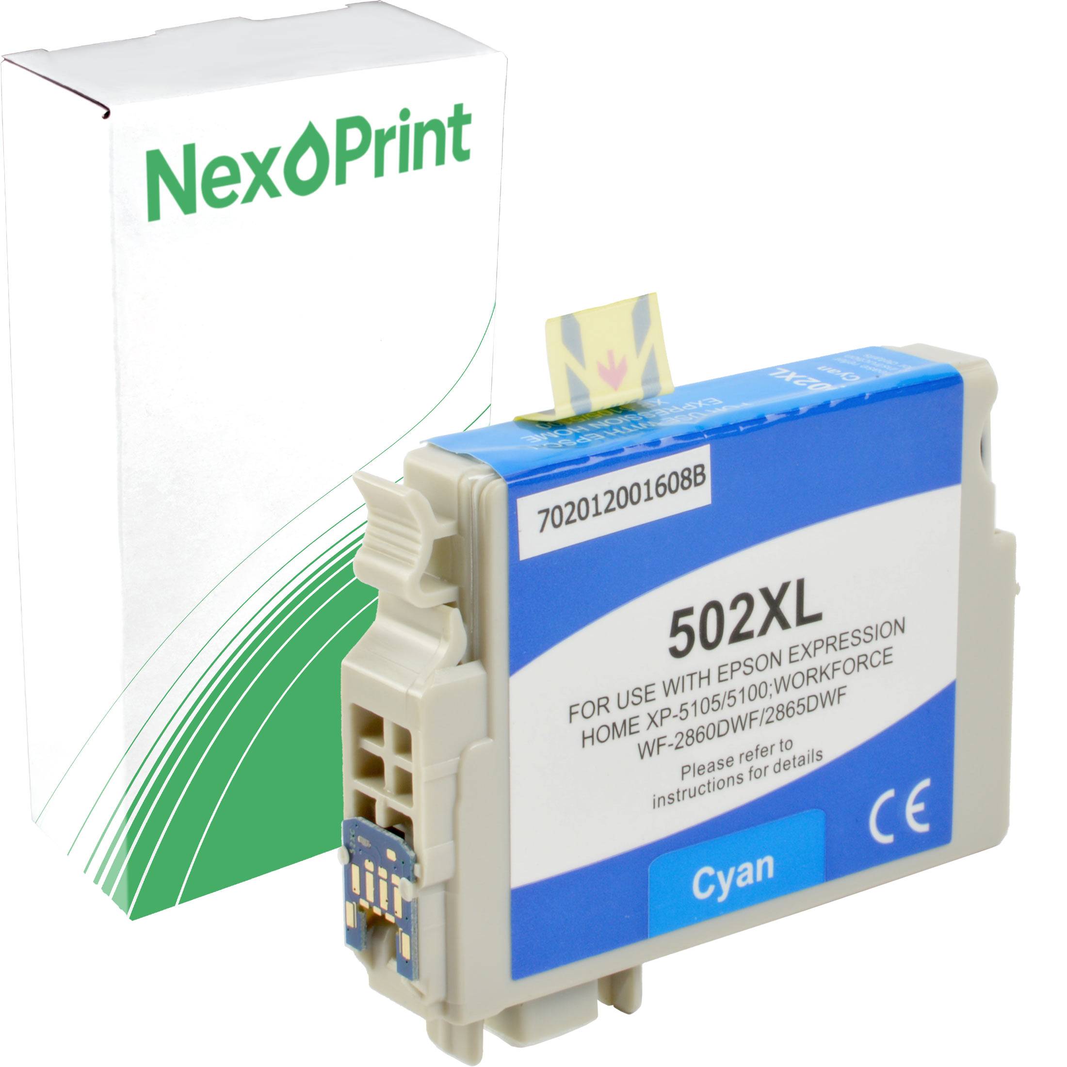Cyan-Tintenpatrone mit der Bezeichnung '502XL' für Epson-Drucker. Karton im Hintergrund zeigt 'NexPrint'.